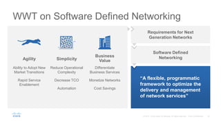 WWT on Software Defined Networking
Agility Simplicity
Business
Value
Ability to Adopt New
Market Transitions
Rapid Service
Enablement
Reduce Operational
Complexity
Decrease TCO
Automation
Differentiate
Business Services
Monetize Networks
Cost Savings
Requirements for Next
Generation Networks
Software Defined
Networking
“A flexible, programmatic
framework to optimize the
delivery and management
of network services”
 