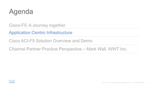 Agenda
Application Centric Infrastructure
Channel Partner Practice Perspective – Mark Wall, WWT Inc.
Cisco ACI-F5 Solution Overview and Demo
Cisco-F5: A Journey together
 