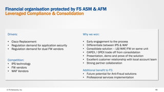 © F5 Networks, Inc 46
Financial organisation protected by F5 ASM & AFM
Leveraged Compliance & Consolidation
Drivers:
•  Cisco Replacement
•  Regulation demand for application security
•  Regulation demand for dual FW vendors
Competition:
•  IPS technology
•  FW vendors
•  WAF Vendors
Why we won:
•  Early engagement to the process
•  Differentiate between IPS & WAF
•  Consolidate solution – LB/WAF/FW on same unit
•  CAPEX / OPEX trade off from consolidation
•  Presentation, demo and prove of the solution
•  Excellent customer relationship with local account team
•  Strong partner collaboration
Additional benefit to F5:
•  Future potential for Anti-Fraud solutions
•  Professional services implementation
 