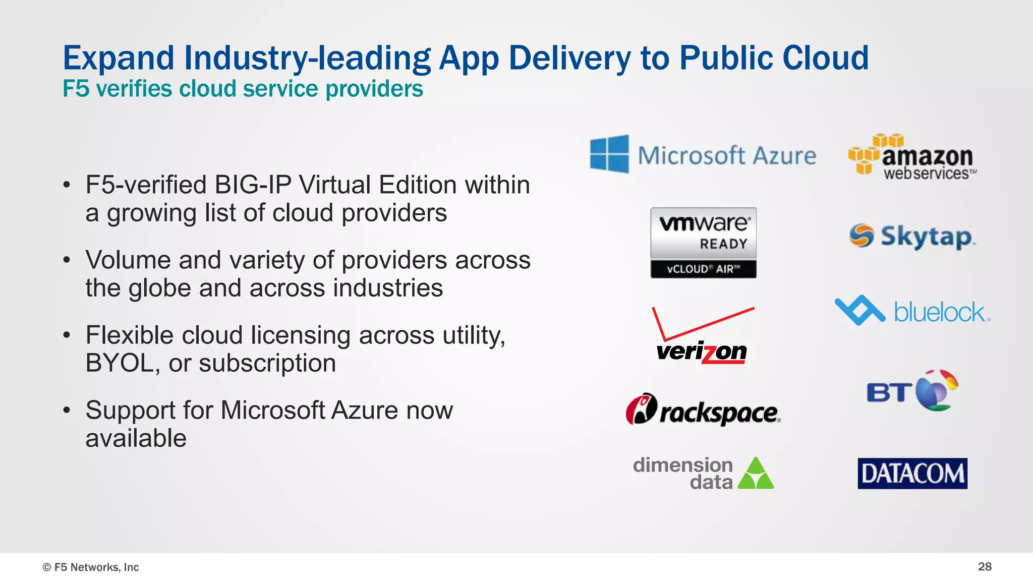 © F5 Networks, Inc 28
• F5-verified BIG-IP Virtual Edition within
a growing list of cloud providers
• Volume and variety of providers across
the globe and across industries
• Flexible cloud licensing across utility,
BYOL, or subscription
• Support for Microsoft Azure now
available
Expand Industry-leading App Delivery to Public Cloud
F5 verifies cloud service providers
 