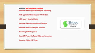 Module 3: Web Application Concepts
•Overview of Web Application Request Processing
•Web Application Firewall: Layer 7 Protection
•ASM Layer 7 Security Checks
•Overview of Web Communication Elements
•Overview of the HTTP Request Structure
•Examining HTTP Responses
•How ASM Parses File Types, URLs, and Parameters
•Using the Fiddler HTTP Proxy
 