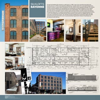 SILKLOFTS
BAYONNE
SCALE: 1/16"=1'-0"
PROPOSED EAST ELEVATION
6 COURTYARD
A3 A3 A3 A3 A3A3A3A3A3A3A3A3
A2 A2 A2 A2A2 A2 A2 A2 A2
A1
A1
A1
A1
A1
A1
A1
A1
A1
A1
A1
A1
A1
A1
A1
A1
A1
A1
A3A3A3A3A3A3A3A3A3A3A3A3A3A3A3A3C3
C2
C1
C1
A2
A1
A1
A1
A1
A1
A1
A1
A1
A1
A1
A1
A1
A1
A1
A1
A1
A1
A1
A1
A1
A1
A1
A1
A1
A1
A1
A1
A1
A1
A1
A1
A1
A1
A1
A2 A2 A2 A2 A2 A2 A2 A2 A2 A2 A2 A2 A2 A2 A2 A2
F1F1
F1F1
F1F1
F1F1 F2F2F2
F2F2F2
F2F2F2
F2F2F2
F2F2F2 F1F1
D5D4
A2 A2 A2 A2 A2 A2
A1 A1 A1 A1 A1 A1
A1A1A1A1A1A1
SCALE: 1/8"=1'-0"
WEST ELEVATION
SCALE: 1/8"=1'-0"
NORTH ELEVATION
7 8
Q Q Q
PP
R
S S
T T
G
H
J
K
L
M N
J J J
K K K K K K
L L
M
D6
D8
D9
RRR
Q
R
JJ
Draw
Draw
C
Date
Draw
Proj
Fran
Den
Leo
Sea
Con
Rev
Salv
Vito
PR
EL
HIS
Though the Buildings life started as a silk factory in 1886, it was a bra-manufacturing plant and
became famous in 1929 as the legendary Maidenform complex where the corporate headquarters
resided for about 76 years before relocating in the 90’s. Built as three separate buildings, the complex
includes several buildings and outbuildings and a landlocked courtyard all adjacent to the original
industrial rail lines of the great industrial period in the United States. The original structures were
generally built of multiwythe masonry exterior walls and heavy timber columns, beams and decking
of long leaf yellow pine.This species was prized for its density and common during that period of time.
In 2010, the building was purchased and its future became a long road to an Adaptive Re-Use and
restoration development project. The 100 Year old plus building was converted to eighty-Five (85)
residential loft type apartments which received landmark approval for Historic Preservation by
the National Parks Service.
PROJECT NAME: SILKLOFTS
LOCATION: BAYONNE, NEW JERSEY
ARCHITECT: CSR ASSOCIATES, PA
OWNER: BAYONNE AVENUE E URBAN RENEWAL, LLC
3
PROPERTY LINE
CANOPY ABOVE
CANOPY ABOVE
EXISTING STRUCTURE BUILDING A
OVERALLEXISTINGSTRUCTUREBUILDINGA
EXISTING STRUCTURE BUILDING C EXISTING STRUCTURE BUILDING D
OVERALLEXISTINGSTRUCTUREBUILDINGC
EXST'G STRUCTUREEXISTING STRUCTURE BUILDING G
BUILDINGS E & F
UP
BEDROOMBEDROOM LIVING/DININGLIVING/DINING
BEDROOM
KITCHEN
BATH
BEDROOM
KITCHEN
BATH
BEDROOM
BEDROOM LIVING/DININGLIVING/DININGLIVING/DINING
KITCHEN
STAIR 1
BEDROOM
LIVING ROOM
BATH
LIVING ROOMBEDROOM
SLEEPING/LIVING
BATH
BATH
BEDROOM
BATH
KITCHEN KITCHEN
LAUNDRY
KITCHEN
DN
BATH BATH
BATH
KITCHEN
WIC
BEDROOMBEDROOM
BEDROOM
BEDROOM
LIVING/DINING
MANAGEMENT
OFFICE
LIVING/DINING
BEDROOMBEDROOM LIVING/DINING
KITCHEN KITCHEN
LIVING/DINING
KITCHEN
LIVING/DINING
LIN.
UTILITY
KITCHEN
KITCHEN
CORRIDOR
CORRIDOR
CORRIDOR
CORRIDOR
BATH
LIN.
KITCHEN
UTILITY
BATHKITCHEN
BATH
WIC
LIN. LIN.
UNIT TYPE A
UNIT TYPE A
UNIT TYPE B
UNIT TYPE E
UNIT TYPE C UNIT TYPE D
UNIT TYPE E
UNIT TYPE E UNIT TYPE E UNIT TYPE E UNIT TYPE E
UNIT TYPE I
UNIT TYPE F UNIT TYPE G
UNIT TYPE H
LIN.
KITCHEN
LIVING/DINING
BEDROOM
KITCHEN
LIVING/DININGBEDROOM
KITCHEN
BEDROOMLIVING/DINING
CORRIDORCORRIDOR
BATH BATH
LIN.
BATH
UNIT TYPE D
UNIT TYPE D
ELEC.
ROOM
CLOS.
BATH
KITCHEN
BATH
LIN.LIN.
BATH
BATHBATH
REF
DW
REF
DW
1BEDROOM
1BR
WIC
LIVING/DINING
LOBBY
UNISEX B.F.
TOILET
MAIL
ROOM
NEW
PASSENGER
ELEVATOR
CAB
EXISTING STRUCTURE BUILDING C
OVERALLEXISTINGSTRUCTUREBUILDINGC
EXISTING STRUCTURE BUILDING A
OVERALLEXISTINGSTRUCTUREBUILDINGA
UP
BATH
MACHINE
ROOM
NEW
PASSENGER
ELEVATOR
CAB
COURTYARD
EXISTING BRICK
CHIMNEY TO REMAIN
FORMER
BOILER
ROOM
NEW
COMMUNITY
ROOM
NEW GLAZING &
MASONRY WALL SYSTEM
4'-0" HIGH PORTION
OF BRICK WALL W/ CAP
TO REMAIN
EXISTING
SEALED
OPENING
PLANTER
BRICK PAVERS IN
AREA OF REMOVED
BLDG PORTION
PLANTER
BEDROOM
KITCHEN
BATH
BEDROOM
KITCHEN
BATH
BEDROOM
BEDROOM
LIVING/DINING
LIVING/DINING
DN
BATH BATH
BATH
KITCHEN
WIC
BEDROOMBEDROOM
BEDROOM
LIVING/DINING
BEDROOM
BEDROOM
LIVING/DINING
KITCHEN KITCHEN
LIVING/DINING
KITCHEN
LIVING/DINING
BEDROOM
LIN.
UTILITY
KITCHEN
KITCHEN
CORRIDOR
BATH
LIN.
KITCHEN
BATH
KITCHEN
BATH
WIC
LIN. LIN.
UNIT TYPE C UNIT TYPE D
UNIT TYPE E UNIT TYPE E UNIT TYPE E
KITCHEN
LIVING/DINING
BEDROOM
KITCHEN
LIVING/DININGBEDROOM
KITCHEN
BEDROOMLIVING/DINING
CORRIDOR
BATH BATH
LIN.
BATH
UNIT TYPE D UNIT TYPE D
BATH
KITCHEN
BATH
LIN.LIN.
BATHBATHBATH
1BEDROOM
WIC
DW
BEDROOM
LIVING/DINING
UNIT TYPE A
UNIT TYPE A
UNIT TYPE B
1BR
KITCHEN
STAIR 1
LIVING ROOM
BATH
LIVING ROOMBEDROOM
BATH
BEDROOM
KITCHEN KITCHEN
LAUNDRY
CORRIDOR
UNIT TYPE F UNIT TYPE G
UNIT TYPE H
LIN.
BATH
KITCHEN
LAUNDRY
BEDROOM
BATH
BEDROOM
BEDROOM
LIVING/DINING
LIVING/DINING
KITCHEN
BEDROOM
BEDROOM
BEDROOM
CORRIDOR
SLEEPING/LIVING
CORRIDOR
UTILITY
UTILITY
LIVING/DINING
STAIR 2STAIR 3
STAIR 2STAIR 3
UTILITY
UTILITY
UTILITY ROOM
CLOSET
BEDROOMBEDROOM LIVING/DININGLIVING/DINING
UNIT TYPE E UNIT TYPE E
UP
DN
UP
DN
BATH
BATH
BEDROOM
VESTIBULE
VESTIBULE
TRASH/
COMPACTOR
ROOM
2R
RECYCLING
COMPACTOR
ROOM
5
1
6
2
4
6 6
OVERALL EXISTING STRUCTURE
OVERALL EXISTING STRUCTURE
EXISTING BRICK
CHIMNEY TO REMAIN
PROPERTY LINE
NEW
ADDITION
NEW DECORATIVE
MASONRY WALL
8
9
10
7
EXISTING STRUCTURE
BELOW
OPEN TO
BELOW
OPEN TO
ENTRY VESTIBULE AT
FIRST FLOOR
EXIT AT
FIRST FLOOR
EXIT AT
FIRST FLOOR
PROP MASONRY
SCREEN WALL
/W WATER FEATURE
NEW
ADDITION
STORAGE
12' x12"
STORAGE
W/ 8'-0" PVC
ENCLOSURE
STORAGE/
FIRE
ALARM
STATION
PROP 6' PVC FENCE
MECHANIZED
SLIDING GATE
PROP 6' PVC FENCE
EJECTION PUMP
NEW ROOF
LEADER
NEW ROOF
LEADER
EXISTING
FIRE HYDRANT
NEW ROOF
LEADER
EXISTING BRICK OVEN
TO REMAIN, REPAIR BRICK
WORK & CAST IRON DOOR
NEW ROOF
LEADER
NEW ROOF
LEADER
EXISTING ONE STORY
GARAGE & SHED TO BE
REMOVED
EXISTING THREE STORY
BUILDING TO BE REMOVED
EXISTING THREE STORY
BUILDING TO BE REMOVED
A104
GFA:
NFA:
GFA:
NFA: 1,169 Sq. Ft.
C106
1,318 Sq. Ft.
A102
GFA:
NFA:
889 Sq. Ft.
765 Sq. Ft.
A101
GFA:
NFA:
1,221 Sq. Ft.
1,042 Sq. Ft.
A103
GFA:
NFA:
568 Sq. Ft.
491 Sq. Ft.
LOBBY
GFA:
NFA:
1,211 Sq. Ft.
1,061 Sq. Ft.
A104
GFA:
NFA:
943 Sq. Ft.
813 Sq. Ft.
C102
GFA:
NFA:
821 Sq. Ft.
709 Sq. Ft.
C104
GFA:
NFA:
995 Sq. Ft.
865 Sq. Ft.
C105
GFA:
NFA:
753 Sq. Ft.
672 Sq. Ft.
B102
GFA:
NFA:
785 Sq. Ft.
678 Sq. Ft.
B104
GFA:
NFA:
794 Sq. Ft.
692 Sq. Ft.
B106
GFA:
NFA:
793 Sq. Ft.
721 Sq. Ft.
C103
GFA:
NFA: 719 Sq. Ft.
GFA:
NFA: 1,119 Sq. Ft.
794 Sq. Ft.
C107
1,270 Sq. Ft.
B101
GFA:
NFA:
790 Sq. Ft.
690 Sq. Ft.
B103
GFA:
NFA:
766 Sq. Ft.
679 Sq. Ft.
B105
GFA:
NFA:
769 Sq. Ft.
676 Sq. Ft.
B107
GFA:
NFA:
781 Sq. Ft.
671 Sq. Ft.
C101
GFA:
NFA:
794 Sq. Ft.
706 Sq. Ft.
C206
GFA:
NFA:
1,318 Sq. Ft.
1,168 Sq. Ft.
C202
GFA:
NFA:
821 Sq. Ft.
709 Sq. Ft.
C204
GFA:
NFA:
996 Sq. Ft.
872 Sq. Ft.
C205
GFA:
NFA:
754 Sq. Ft.
672 Sq. Ft.
B202
GFA:
NFA:
785 Sq. Ft.
678 Sq. Ft.
B204
GFA:
NFA:
794 Sq. Ft.
692 Sq. Ft.
B206
GFA:
NFA:
793 Sq. Ft.
721 Sq. Ft.
GFA:
NFA:
794 Sq. Ft.
C203
719 Sq. Ft.
C207
GFA:
NFA:
1,270 Sq. Ft.
1,119 Sq. Ft.
B201
GFA:
NFA:
790 Sq. Ft.
690 Sq. Ft.
B203
GFA:
NFA:
766 Sq. Ft.
679 Sq. Ft.
B205
GFA:
NFA:
769 Sq. Ft.
676 Sq. Ft.
B207
GFA:
NFA:
1,045 Sq. Ft.
909 Sq. Ft.NFA:
791 Sq. Ft.
706 Sq. Ft.
C201
GFA:
A202
GFA:
NFA:
889 Sq. Ft.
768 Sq. Ft.
A201
GFA:
NFA:
1,220 Sq. Ft.
1,043 Sq. Ft.
A203
GFA:
NFA:
568 Sq. Ft.
491 Sq. Ft.
A204
GFA:
NFA:
822 Sq. Ft.
704 Sq. Ft.
A205
GFA:
NFA: 1,092 Sq. Ft.
1,271 Sq. Ft.
WORK ARTIST STUDIO
1 BEDROOM LIVE/
WORK ARTIST STUDIO
1 BEDROOM LIVE/
DW
REF
BEDROOM
36"x 48"
SHOWER
W/D
DW
REF
KITCHEN
36"x 48"
SHOWER
W/D
BATH BATH
CL.
UP
36"x 42"
SHOWER
W/D
REF
DW
KITCHEN
BATH
BATH
APT D-2
NFA:
GFA:
1,051 Sq. Ft.
1,160 Sq. Ft.
APT D-1
NFA:
GFA:
782 Sq. Ft.
945 Sq. Ft.
BATH
DW
REF
36"x 48"
SHOWER
W/D
BATH
OPEN
TO
BELOW
APT D-1
SLEEPING
LOFT
KITCHEN
WORK ARTIST STUDIO
1 BEDROOM LIVE/
DN
APT D-3
GFA:
NFA:
1,396 Sq. Ft.
1,553 Sq. Ft.
DN
OBSCURED GLAZING IN
WINDOWS ALONG RAILROAD
WALL OR
RAILING
LOCATION
WORK ARTIST STUDIO
1 BEDROOM LIVE/
APT D-4
NFA:
GFA:
1,006 Sq. Ft.
1,098 Sq. Ft.
 