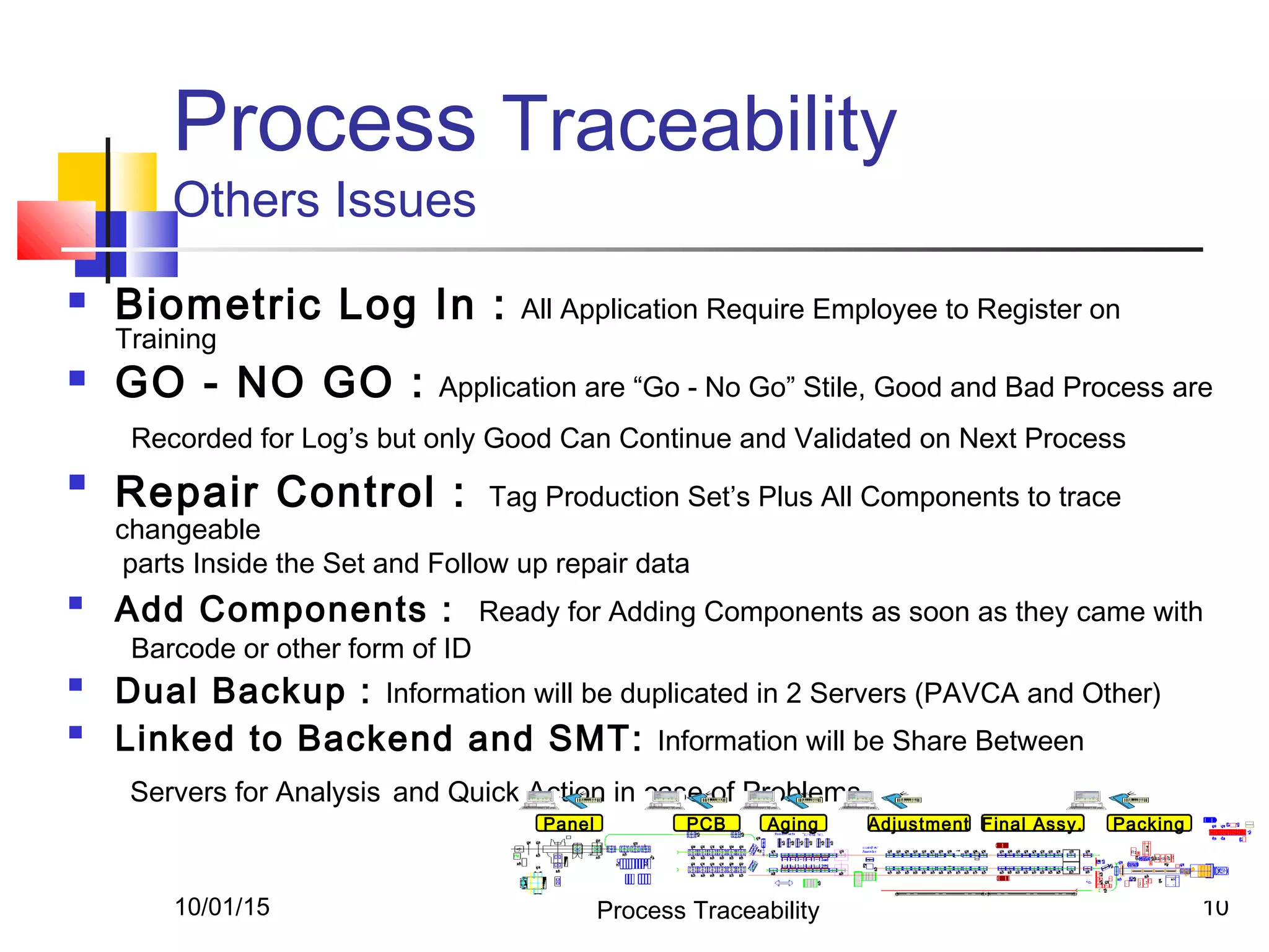 10/01/15 Process Traceability 10
Process Traceability
Others Issues
 Biometric Log In : All Application Require Employee to Register on
Training
 GO - NO GO : Application are “Go - No Go” Stile, Good and Bad Process are
Recorded for Log’s but only Good Can Continue and Validated on Next Process

Repair Control : Tag Production Set’s Plus All Components to trace
changeable
parts Inside the Set and Follow up repair data

Add Components : Ready for Adding Components as soon as they came with
Barcode or other form of ID

Dual Backup : Information will be duplicated in 2 Servers (PAVCA and Other)

Linked to Backend and SMT: Information will be Share Between
Servers for Analysis and Quick Action in case of Problems
Panel PCB Aging Adjustment Final Assy. Packing
 