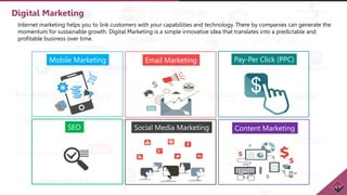 Digital Marketing
Internet marketing helps you to link customers with your capabilities and technology. There by companies can generate the
momentum for sustainable growth. Digital Marketing is a simple innovative idea that translates into a predictable and
profitable business over time.
Mobile Marketing Pay-Per Click (PPC)
SEO Social Media Marketing Content Marketing
Email Marketing
 