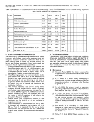INTERNATIONAL JOURNAL OF TECHNOLOGY ENHANCEMENTS AND EMERGING ENGINEERING RESEARCH, VOL 4, ISSUE 2 4
ISSN 2347-4289
Copyright © 2016 IJTEEE.
Table (2) Test Result Of Field Performance Evaluation Of Low-Hp Tractor Operated Stubble Shaver-Cum-Off Barring Implement
With Fertilizer Metering For Sugarcane Crop.
Sr. No. Parameters Test I Test II Test III Test IV
1. Area covered, m2 5280 5250 4840 4998
2. Width of operation, cm. 45.87 45.25 45.34 45.55
3. Speed of operation Km h-1 4.132 4.182 4.672 4.448
4. Field efficiency, % 81.855 82.218 82.877 80.935
5. Cutting efficiency, % 98.93 98.93 98.93 98.93
6. Depth of operation, cm 16.85 16.85 18.15 18.15
7. Fertilizer placement from crop, cm 11.027 11.027 11.110 11.110
8. Stubble damage, Nos. m-2 1.405 1.405 1.074 1.074
9. Fuel consumption, lit ha-1 3.938 3.944 2.998 2.980
10. Draft required, Kgf 298.35 298.35 297.28 297.28
11. Operating cost, Rs ha-1 590.48 571.78 476.01 496.54
12. Total operating cost by local method, Rs ha-1 5980 5980 5980 5980
13. Net saving, Rs ha-1 5389.52 5408.22 5503.99 5483.46
4 CONCLUSION AND RECOMMENDATION
The low-hp tractor operated stubble shaver-cum-off barring
implement with fertilizer metering for sugarcane crop was
designed, developed and tested well in the field, it is a
useful device since it carried out stubble shaving, off-
barring and fertilizer application. From performance and
evaluation of such Implement concluded that;
1. Cutting blade has blade disc with 310 mm diameter and
four bottom blades with 269 x 90 x 89.5 mm size, it was
made from high carbon steel, that achieved a proper
cutting for sugarcane stubble by impact force it can be
increased to 6 blades to reduce the cutting pitch
2. The off-barring operation had been done by two double
point shovel with 200 x 80 x 8 mm dimension for
shovel, it was made from high carbon steel. It is a bear
that reversing of soil and trimming of old roots of
sugarcane stubble was optimum, but the clamps need
to extend 500 mm to reduce the resistance and
distributing the force.
3. The average operating cost of the low-hp tractor
operated stubble shaver-cum-off barring implement
with fertilizer metering for sugarcane crop was Rs. 235
h-1
and Rs. 534 ha-1
against Rs. 5980 of conventional
method. Therefore, by using this Implement and Low-
hp tractor in field of sugarcane it will enhance the
production of sugar in the State
4. Overall saving over conventional method for new
developed was Rs. 5446.30 ha-1
, it is a profitable for
sugarcane growers
5. The overall weight of the implement was 260 kg. easy
in operation and suitable for Low-hp tractor has 20 to
25 hp. Thus, it is expected that the low-hp tractor
demonstrated well in sugarcane field and it will be able
to work under different farm conditions in Maharashtra
state.
5 ACKNOWLEDGEMENT:
I will be failing in my duties if I did not thank the foundation
“MWALIMU NYERERE AFRICAN UNION SCHOLARSHIP
SCHEME AFRICA-INDIA FELLOWSHP PROGRAMME AS
WELL AS ICAR, NEW DELHI” which helped study in India
and granted a substantive subsidy for this degree. Without
their contribution, it would not have been possible to
execute this research.
6 REFERENCE
[1] Himanshu Thakkar (2013). How efficient is Maharashtra
sugarcane crop?. South Asia Network on Dams, Rivers
and People.
[2] R. S. Verma, R. L. Yadav (1988). Intercropping in
sugarcane for improving stubble sprouting under low
temperature conditions in subtropical India. Bharatiya
Sugar 13, 45–48.
[3] R. Lal (1998). Soil erosion impact on agronomic
productivity and environment quality. Critical Reviews in
Plant Sciences. Vol. 17 (4): 319 – 464.
[4] R. L. Yadav, S. K. Shukla, A. Suman, P. N. Singh (2009).
Trichoderma inoculation and trash management effects
on soil microbial biomass, soil respiration, nutrient
uptake and yield of ratoon sugarcane under subtropical
conditions. Biology and Fertility of Soils Vol. 45, 461–
468.
[5] Ram Bakshi, B. S. Chaudhary, S. Singh (1997).
Response to indirect selection in ratoon of sugarcane
seedling. Australian Journal of Agricultural Research,
Vol. 48: 207 – 13.
[6] M. Lal, A. K. Singh (2008). Multiple ratooning for high
 