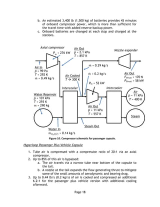 Page 18
b. An estimated 3,400 lb (1,500 kg) of batteries provides 45 minutes
of onboard compressor power, which is more than sufficient for
the travel time with added reserve backup power.
c. Onboard batteries are changed at each stop and charged at the
stations.
Figure 10. Compressor schematic for passenger capsule.
Hyperloop Passenger Plus Vehicle Capsule
1. Tube air is compressed with a compression ratio of 20:1 via an axial
compressor.
2. Up to 85% of this air is bypassed:
a. The air travels via a narrow tube near bottom of the capsule to
the tail.
b. A nozzle at the tail expands the flow generating thrust to mitigate
some of the small amounts of aerodynamic and bearing drag.
3. Up to 0.44 lb/s (0.2 kg/s) of air is cooled and compressed an additional
6.2:1 for the passenger plus vehicle version with additional cooling
afterward.
Pin ≈ 52 kW
Air In
p ≈ 99 Pa
T ≈ 292 K
𝑚̇ ≈ 0.49 kg/s
Pin
≈ 276 kW
Air Out
p ≈ 2.1 kPa
T ≈ 857 K
𝑚̇ ≈ 0.2 kg/s
Nozzle expander
Axial compressor
Intercooler Intercooler
Air Out
Fthrust ≈ 170 N
Pthrust ≈ 58 kW
Water Reservoir
p ≈ 101 kPa
T ≈ 293 K
𝑚 ≈ 290 kg Air Out
p ≈ 11 kPa
T ≈ 557 K
Air Cooled
T  300 K
Air
p ≈ 11 kPa
T ≈ 400 K
Steam Out
Water In
𝑚̇ (ℓ𝓁) ≈ 0.14 kg/s
Steam
𝑚̇ ≈ 0.29 kg/s
 