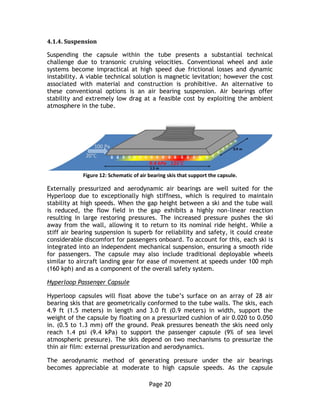 Page 20
4.1.4. Suspension
Suspending the capsule within the tube presents a substantial technical
challenge due to transonic cruising velocities. Conventional wheel and axle
systems become impractical at high speed due frictional losses and dynamic
instability. A viable technical solution is magnetic levitation; however the cost
associated with material and construction is prohibitive. An alternative to
these conventional options is an air bearing suspension. Air bearings offer
stability and extremely low drag at a feasible cost by exploiting the ambient
atmosphere in the tube.
Figure 12: Schematic of air bearing skis that support the capsule.
Externally pressurized and aerodynamic air bearings are well suited for the
Hyperloop due to exceptionally high stiffness, which is required to maintain
stability at high speeds. When the gap height between a ski and the tube wall
is reduced, the flow field in the gap exhibits a highly non-linear reaction
resulting in large restoring pressures. The increased pressure pushes the ski
away from the wall, allowing it to return to its nominal ride height. While a
stiff air bearing suspension is superb for reliability and safety, it could create
considerable discomfort for passengers onboard. To account for this, each ski is
integrated into an independent mechanical suspension, ensuring a smooth ride
for passengers. The capsule may also include traditional deployable wheels
similar to aircraft landing gear for ease of movement at speeds under 100 mph
(160 kph) and as a component of the overall safety system.
Hyperloop Passenger Capsule
Hyperloop capsules will float above the tube’s surface on an array of 28 air
bearing skis that are geometrically conformed to the tube walls. The skis, each
4.9 ft (1.5 meters) in length and 3.0 ft (0.9 meters) in width, support the
weight of the capsule by floating on a pressurized cushion of air 0.020 to 0.050
in. (0.5 to 1.3 mm) off the ground. Peak pressures beneath the skis need only
reach 1.4 psi (9.4 kPa) to support the passenger capsule (9% of sea level
atmospheric pressure). The skis depend on two mechanisms to pressurize the
thin air film: external pressurization and aerodynamics.
The aerodynamic method of generating pressure under the air bearings
becomes appreciable at moderate to high capsule speeds. As the capsule
 