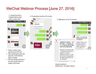 WeChat Webinar Process [June 27, 2016]
1.	PowerPoint	file	is	
loaded	slide	by	slide	
with	a	screen	shot
• Green	is	when	I	was	
speaking	(my	iPhone)
• Max	speaking	duration	60	
seconds,	hold	‘WeChat	
Talk’	to	repeat
• PPT	file	written	entirely	in	
Chinese,	presentation	in	
English,	&	Chinese
2.	Presentation	portion	35	minutes
3.	Q&A	went	on	for	25	minutes
Sample	questions
WeChat	has	‘Translate’	feature
3
 
