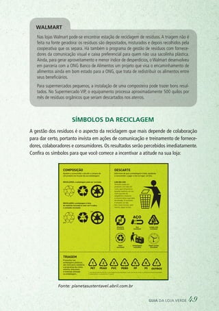 A gestão dos resíduos é o aspecto da reciclagem que mais depende de colaboração
para dar certo, portanto invista em ações de comunicação e treinamento de fornece-
dores, colaboradores e consumidores. Os resultados serão percebidos imediatamente.
Confira os símbolos para que você comece a incentivar a atitude na sua loja:
Fonte: planetasustentavel.abril.com.br
Símbolos da reciclagem
Walmart
Nas lojas Walmart pode-se encontrar estação de reciclagem de resíduos. A triagem não é
feita na fonte geradora: os resíduos são depositados, misturados e depois recolhidos pela
cooperativa que os separa. Há também o programa de gestão de resíduos com fornece-
dores da comunicação visual e caixa preferencial para quem não usa sacolinha plástica.
Ainda, para gerar aproveitamento e menor índice de desperdícios, o Walmart desenvolveu
em parceria com a ONG Banco de Alimentos um projeto que visa o encaminhamento de
alimentos ainda em bom estado para a ONG, que trata de redistribuir os alimentos entre
seus beneficiários.
Para supermercados pequenos, a instalação de uma composteira pode trazer bons resul-
tados. No Supermercado VIP, o equipamento processa aproximadamente 500 quilos por
mês de resíduos orgânicos que seriam descartados nos aterros.
guia da loja verde 49
 