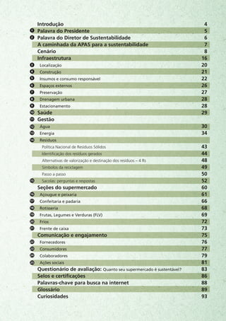 Introdução
Palavra do Presidente
Palavra do Diretor de Sustentabilidade
A caminhada da APAS para a sustentabilidade
Cenário
Infraestrutura
Localização
Construção
Insumos e consumo responsável
Espaços externos
Preservação
Drenagem urbana
Estacionamento
Saúde
Gestão
Água
Energia
Resíduos
Política Nacional de Resíduos Sólidos
Identificação dos resíduos gerados
Alternativas de valorização e destinação dos resíduos – 4 Rs
Símbolos da reciclagem
Passo a passo
Sacolas: perguntas e respostas
Seções do supermercado
Açougue e peixaria
Confeitaria e padaria
Rotisseria
Frutas, Legumes e Verduras (FLV)
Frios
Frente de caixa
Comunicação e engajamento
Fornecedores
Consumidores
Colaboradores
Ações sociais
Questionário de avaliação: Quanto seu supermercado é sustentável?
Selos e certificações
Palavras-chave para busca na internet
Glossário
Curiosidades
1
2
3
4
5
6
7
8
9
10
11
12
13
14
15
16
17
18
19
20
21
22
23
24
25
4
5
6
7
8
16
20
21
22
26
27
28
28
29
30
34
43
44
48
49
50
52
60
61
66
68
69
72
73
75
76
77
79
81
83
86
88
89
93
 