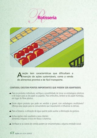 Contudo, existem pontos importantes que podem ser adaptados.
	 Para os produtos individuais, verifique a possibilidade de trocar as embalagens plásticas
e de isopor para as de papel ou papelão. Para embrulhos, lembre-se do papel manteiga,
em lugar do filme plástico.
	 Existe algum produto que pode ser vendido a granel, com embalagens reutilizáveis?
Ofereça essa opção para os consumidores que requisitarem e influencie os demais.
	 Para a limpeza, a utilização de água quente pode auxiliar a eliminação da gordura.
	 Inclua opções mais saudáveis a seus clientes:
	 alimentos integrais e ricos em fibras e vitaminas.
	 Verifique se as sobras de comida podem ser encaminhadas a alguma entidade social.
RRotisseria
COLETA SELETIVA
PLÁSTICO
METAL
PAPEL
VIDRO
Aseção tem características que dificultam a
inserção de ações sustentáveis, como a venda
de alimentos prontos e de fácil transporte.
68 guia da loja verde
 