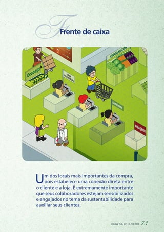ORGÂNICOS
AÇOUG
DOAÇÕES
CAIXAPREFERENCIAL
CAIXA VERDE
Ecobags
SUPERM
FFrente de caixa
Um dos locais mais importantes da compra,
pois estabelece uma conexão direta entre
o cliente e a loja. É extremamente importante
que seus colaboradores estejam sensibilizados
e engajados no tema da sustentabilidade para
auxiliar seus clientes.
guia da loja verde 73
 