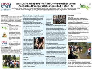 Water Quality Testing for Scout Island Outdoor Education Center:
Academic and Industrial Collaboration as Part of Chem 106
Nick Vizenor, Jordan Ringel, Eric Herzog, Catalina Olea, Pamela Cruz, Edwin Lozano, Enang Thao, Alicia Alfter, Jeffery Cole, Kathy
Marshall, Kenuyo Ishida-Enns, Pa Houa Xiong, Ryan Dougherty, Salvador Vazquez, Veronica Nuño, and Eric Person
Department of Chemistry, California State University, Fresno CA.
Introduction
Students in the Fall 2012 Chem 106 class tested the water quality
of Scout Island Outdoor Education Center at APPL Inc. in Clovis,
CA. Chem 106 is an upper division instrumental analysis course
taken by senior B.S. Chemistry majors and first year M.S.
students. The course covers theory and applications of advanced
instrumentation used in chemical analysis. The course is taught
with both a lecture and laboratory portion covering spectroscopic,
chromatographic and electrochemical methods.
Stakeholders
APPL Inc.
Agriculture & Priority Pollutants
Laboratories, Inc. in an environmental
analysis lab which provided a
classroom setting and state-of-the-art
instrumentation for Chem 106
students to run water analysis.
Scout Island
Scout Island is an outdoor education
center owned by the Fresno County
Office of Education. They provide an
area for students to go explore nature
and study biological systems. They
have a private well which supplies
drinking water to the facility. This in
essence makes them a water district
which must regularly test the water
quality.
Concept & Goals
The collaboration of Chem 106, APPL Inc., and Scout Island was
built to give students the opportunity to solve real world problems
while learning about the many modern methods of analytical
analysis. Students learn to understand the issues associated with
industrial chemistry including accreditation, quality control, and
varying business models. The class also included a service
learning aspect as a gift to Scout Island Outdoor Education Center.
General Steps in Analytical Analysis
The analytical process is used in science constantly without much
thought. It is how students, faculty, and scientists go about solving
chemical problems in the world and in the classroom. Presented
here is an outline of the steps in the analytical process and how
each step was used in the water quality testing.
Formulating the Question
Unlike your typical chemistry lab, the questions that were
addressed by the class were much more open ended. What
constitutes clean drinking water, and is Scout Island’s safe? This
is a global question rather than a focused question encountered
in a laboratory course. This class offered an opportunity to
tackle “real world” questions using industry methods.
Sampling
Before each lab rotation, the
students were required to
collect their own samples from
Scout Island. As Scout Island
is a large property with many
drinking fountains, it would be
impractical to sample every
location. Students then had to
develop a sampling plan that
provide an answer to the
question posed initially. To
gage the quality of drinking
water on Scout Island, select
fountains were sampled from to
Sample Prep
Preparation of the samples is an important task in instrumental
analysis. Many factors play into having a successful analysis.
Often, sample preparation is the most important because if a
sample is not prepared or extracted sufficiently, either the actual
results or the validity will suffer. In order to ensure a valid result,
many of the SOPs require preparation of the water by various
means. Students had to follow APPLs SOP for sample
preparation for each rotation, some of which required organic
extraction or multi-day acid digestion.
Analysis (QA/QC)
Each sequence run on an instrument consists of more than just
the series of samples to be tested. Quality control samples are
included with each batch of samples as a check to ensure that
there are not any other plausible explanations as to the results
reported. These checks vary in scope from measuring
instrument drift to matrix interference with the instrument. APPL
must ensure that all of the data that they provide their clients is
reliable, accurate, and can be held up in a court of law. This is
achieved by maintaining rigorous quality control/quality
assurance protocol. The notion of ensuring that a reported
concentration is indeed correct and valid is missing from the
academic setting especially in undergraduate laboratory
courses. However, when a company must stake its reputation on
its reports, they take every step to ensure nothing has gone
wrong. In every analysis that was conducted, the majority of the
time spent in the lab was dedicated to QA/QC, such as creating
a calibration curve, preparing matrix spike samples, and running
the various blanks through the instrument. The students in
Chem 106 were required to uphold all of these QA/QC
standards during the analysis and ensure that they met
acceptance criteria.
Reporting and Interpretation
The results and data packet generated by the students differ
greatly from typical ACS style reports. Reports are results
focussed, as they present the information necessary to answer
the question posed by the client. Reports are “matter of fact”
and do not read like formal ACS publications. Student reports
were simply data packets of instrumental read outs and
summary data tables along with quality control checks. Reports
did not include procedural steps or introductions as these are
identical for each analysis preformed under a given EPA
method. Students were also required to perform a peer review
of each data packet and report before submission to APPL and
to Scout Island. The peer review process is common in the
analytical testing industry and ensures quality of reporting by
checking against oversight.
Drawing Conclusions
Per the steps of the analytical method, the final conclusions
are drawn by the client. APPL does not issue conclusions of
quality or safety of the samples they test. They provide their
clients with detailed chemical data so that the client can
determine what step should be taken next in regards to saftety
of their drinking water. Students, however, were expected to
analyze the resulting data and compare it to EPA water quality
standards and Fresno averages. A final report was compiled
by the students and included a summary of analysis that was
given to Scout Island but not necessary per the analytical
testing process.
Scout Island
The Scout Island Outdoor Education Center received a full
analytical report of the quality of their drinking water stating that
each contaminant tested for fell below the EPA’s maximum
contaminant levels for drinking water and most below the
quantitation limit for the analysis. The full report is available for
public viewing on the on the following website:
www.fresnostate.edu/csm/chemistry/documents/2012ScoutIslandWQ.pdf
APPL
APPL, Inc. met their aim of giving back to both the community and
Fresno State, as many of the employees are alumni. They sought
to help improve the quality of the graduates from the chemistry
department by expanding the students’ knowledge of modern
instrumental analysis. They were also able to use the class as a
pre-screening for possible employees because the students
gained experience with the techniques and instruments throughout
the semester. APPL, Inc. viewed the collaboration as an
opportunity to propagate student interest in science for the future
of the San Joaquin Valley’s economy.
Students
During the course, students gained practical experience using
EPA certified methods for analytical analysis. This experience
increases their value in the job market as well as with potential
graduate programs. Furthermore, the students were able to help
give back to the Fresno community by using their passion for
chemistry.
Selecting Procedures
Analytical techniques were selected (1) to reinforce course
learning outcomes and (2) to address important classes of
contaminants in drinking water. For each technique, students
needed to follow and comply with laboratory Standard
Operating Procedures (SOPs) developed to follow
Environmental Protection Agency (EPA) guidelines and meet
environmental laboratory accreditation requirements. Each
method used was sufficiently sensitive to detect and quantify
contaminants below levels where they pose a health risk.
Fresno State Chemistry Department
The department offers a B.S. and B.A.
degree in chemistry as well as an
M.S. Senior B.S. students and some
M.S. students take Chem 106 during
the fall semester as a degree
requirement.
Acknowledgments
The authors would like to thank the Fresno State Chemistry Department,
APPL Labs, and Scout Island for working in collaboration to make this
experience possible. The authors also thank Diane Anderson, president of
APPL, Inc. for her efforts in making this class happen, Sharon Dehmlow for
organizing each lab section, each lab supervisor and APPL employee for
their time, help, and instruction, and Steve Bock for allowing the class to
take samples and provide a detailed water quality report of Scout Island.
Students used these
gas chromatographs
during the analysis of
organochlorine
pesticides in water.
This shows a fraction
of the equipment
available to use.
Outcomes
give a spatial overview of the property. Another aspect of the
sampling process is to ensure the sample has not been
tampered with during the course of analysis. Students followed
the chain of custody (CoC) procedures that are used in
analytical labs. A CoC acts as a paper trail for all samples
between the sampling time and when the final report is
generated. A paper trail presents a clear history of who handled
each sample and cuts down the possibility of tampering.
Students were required to fill out a CoC form during sampling,
use evidence tape on all bottles, and check in/out every sample
during analysis.
Chemistry
Chemistry
 