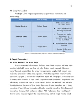 12
3.6. Competitor Analysis
Polo Ralph Lauren competes against many designer brands, domestically and
internationally.
Brand Point of Parity Point of Difference
Brooks Brothers Designer Brand
 Oldest men’s clothier in
the United States
 Known for introducing
the ready-to-wear suit
Vineyard Vines Designer Brand
 Company uses student
ambassadors to
promote/advertise brand
and its products
Lacoste Designer Brand
 Began as a tennis apparel
company
 Created the first polo
shirt.
Figure IX: Points of Parity and Difference of Ralph Lauren’s Competitors
4. Brand Exploratory
4.1. Brand Awareness and Brand Image
A survey was conducted to measure the brand image, brand awareness and brand image
associated with Ralph Lauren and along with other designer brands (Appendix I for survey
copy). The results obtained from this survey were a convenient sample, which means it is not
necessarily representative of the entire population. Most of the respondents were between the
ages of 18-20 (Figure X) and from the United States (Figure XI). The purpose of this survey was
to quantify brand awareness of Ralph Lauren Corporation and its competitors. Respondents were
asked if they recognized the logos of Lacoste, Brooks Brothers, and Vineyard Vines, and were
then asked to recall the names of those brands. There were 32 male respondents and 15 female
respondents (Figure XII), and both males and females were able to recall the Ralph Lauren and
Lacoste logo the most, which can be seen in Figure XIII. Furthermore, there were 38 people
from the United States and 9 people that were international, and both people from the United
 