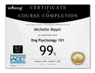  
Michelle Mayer
for completing the course
Dog Psychology 101
0.7
CEUs
99%
Final Grade      
January 6, 2017 - January 7, 2017
0.7 CEUs       7 Contact Hours
 
Serial No. B969217231459
 