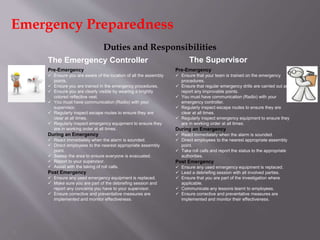 5
The Emergency Controller The Supervisor
Duties and Responsibilities
Pre-Emergency
 Ensure you are aware of the location of all the assembly
points.
 Ensure you are trained in the emergency procedures.
 Ensure you are clearly visible by wearing a brightly
colored reflective vest.
 You must have communication (Radio) with your
supervisor.
 Regularly inspect escape routes to ensure they are
clear at all times.
 Regularly inspect emergency equipment to ensure they
are in working order at all times.
During an Emergency
 React immediately when the alarm is sounded.
 Direct employees to the nearest appropriate assembly
point.
 Sweep the area to ensure everyone is evacuated.
 Report to your supervisor.
 Assist with the taking of roll calls.
Post Emergency
 Ensure any used emergency equipment is replaced.
 Make sure you are part of the debriefing session and
report any concerns you have to your supervisor.
 Ensure corrective and preventative measures are
implemented and monitor effectiveness.
Pre-Emergency
 Ensure that your team is trained on the emergency
procedures.
 Ensure that regular emergency drills are carried out and
report any improvable points.
 You must have communication (Radio) with your
emergency controller.
 Regularly inspect escape routes to ensure they are
clear at all times.
 Regularly inspect emergency equipment to ensure they
are in working order at all times.
During an Emergency
 React immediately when the alarm is sounded.
 Direct employees to the nearest appropriate assembly
point.
 Take roll calls and report the status to the appropriate
authorities.
Post Emergency
 Ensure any used emergency equipment is replaced.
 Lead a debriefing session with all involved parties.
 Ensure that you are part of the investigation where
applicable.
 Communicate any lessons learnt to employees.
 Ensure corrective and preventative measures are
implemented and monitor their effectiveness.
Emergency Preparedness
 