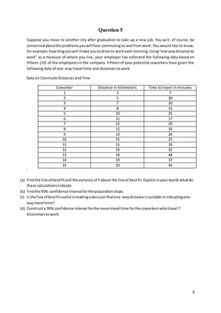 6
Question 5
Suppose you move to another city after graduation to take up a new job. You will, of course, be
concernedaboutthe problemsyouwill face commuting to and from work. You would like to know,
for example,howlongyouwill ittake youtodrive to workeach morning.Using“one waydistance to
work” as a measure of where you live, your employer has collected the following data based on
fifteen (15) of the employees in the company. Fifteen of your potential coworkers have given the
following data of one-way travel time and distances to work.
Data on Commute DistancesandTime
Coworker Distance in Kilometers Time to travel in minutes
1 3 7
2 5 20
3 7 20
4 8 15
5 10 25
6 11 17
7 12 20
8 12 35
9 13 26
10 15 25
11 15 35
12 16 32
13 18 44
14 19 37
15 20 45
`
(a) Findthe line of bestfitand the variance of Y about the line of bestfit.Explaininyourwordswhatdo
these calculationsindicate.
(b) Findthe 95% confidence interval forthe populationslope.
(c) Is the line of bestfituseful inmakingadecisionthatone-waydistance issuitable inindicatingone-
waytravel time?
(d) Constructa 95% confidence interval forthe meantravel time forthe coworkerswhotravel 7
Kilometerstowork.
 