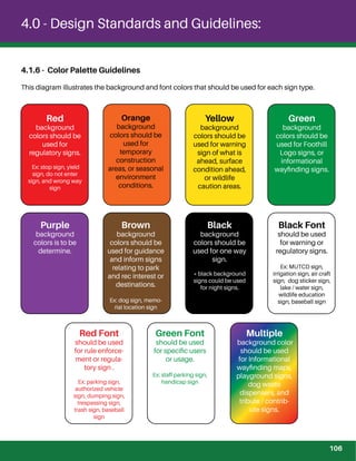 4.0 - Design Standards and Guidelines:
4.1.6 - Color Palette Guidelines
This diagram illustrates the background and font colors that should be used for each sign type.
Yellow
background
colors should be
used for warning
sign of what is
ahead, surface
condition ahead,
or wildlife
caution areas.
Orange
background
colors should be
used for
temporary
construction
areas, or seasonal
environment
conditions.
Red
background
colors should be
used for
regulatory signs.
Ex: stop sign, yield
sign, do not enter
sign, and wrong way
sign
Black
background
colors should be
used for one way
sign.
* black background
signs could be used
for night signs.
Brown
background
colors should be
used for guidance
and inform signs
relating to park
and rec interest or
destinations.
Ex: dog sign, memo-
rial location sign
Purple
background
colors is to be
determine.
Green Font
should be used
for speciﬁc users
or usage.
Ex: staff parking sign,
handicap sign
Red Font
should be used
for rule enforce-
ment or regula-
tory sign .
Ex: parking sign,
authorized vehicle
sign, dumping sign,
trespassing sign,
trash sign, baseball
sign
Green
background
colors should be
used for Foothill
Logo signs, or
informational
wayﬁnding signs.
Black Font
should be used
for warning or
regulatory signs.
Ex: MUTCD sign,
irrigation sign, air craft
sign, dog sticker sign,
lake / water sign,
wildlife education
sign, baseball sign
Multiple
background color
should be used
for Informational
wayﬁnding maps,
playground signs,
dog waste
dispensers, and
tribute / contrib-
ute signs.
106
 