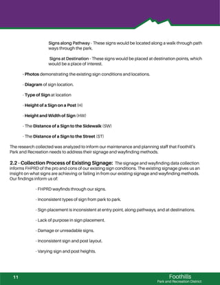 Foothills
Park and Recreation District
Signs along Pathway - These signs would be located along a walk-through path
ways through the park.
Signs at Destination - These signs would be placed at destination points, which
would be a place of interest.
- Photos demonstrating the existing sign conditions and locations.
- Diagram of sign location.
- Type of Sign at location
- Height of a Sign on a Post (H)
- Height and Width of Sign (HW)
- The Distance of a Sign to the Sidewalk (SW)
- The Distance of a Sign to the Street (ST)
The research collected was analyzed to inform our maintenance and planning staff that Foothill’s
Park and Recreation needs to address their signage and wayﬁnding methods.
2.2 - Collection Process of Existing Signage: The signage and wayﬁnding data collection
informs FHPRD of the pro and cons of our existing sign conditions. The existing signage gives us an
insight on what signs are achieving or failing in from our existing signage and wayﬁnding methods.
Our ﬁndings inform us of:
- FHPRD wayﬁnds through our signs.
- Inconsistent types of sign from park to park.
- Sign placement is inconsistent at entry point, along pathways, and at destinations.
- Lack of purpose in sign placement.
- Damage or unreadable signs.
- Inconsistent sign and post layout.
- Varying sign and post heights.
11
 
