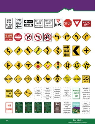 Foothills
Park and Recreation District
Take Pride in our Parks
www.ifoothills.org/parks_adopt.asp
ADOPT-A-PARK
RULES FOR URBAN PARKS,
TRAILS, GREENBELTS, & OPEN SPACES
ALL STATE, WILDLIFE & LOCAL LAWS APPLY
PARK HOURS: 5 A.M. - 10 P.M. (EXCEPT FOR AUTHORIZED ACTIVITIES)
THE FOLLOWING ACTIVITIES ARE
PROHIBITED:
•Dumping and Littering
•Golfing
•Fireworks
•Alcoholic Beverages
•Rockets or Remote Control Devices
•Horses on Irrigated Turf
•Hunting or Harrassment of Wildlife
•Contact with Bodies of Water / Ice
•Ice Fishing
•Overnight Camping
•Fires (Except for Charcoal or Gas Grills)
•Misuse or Modifying Park Property
•Openly Carrying or Discharging a Device
with a Projectile
Any unlawful act may be prosecuted under CRS 18-9-117.
EMERGENCIES: CALL 911
Report Criminal Activity to:
Jefferson County Sheriff: (303) 277-0211
Colorado Parks & Wildlife: (303) 297-1192
Park Information:
www.ifoothills.org
(303) 409-2300
LEASH, CONTROL &
CLEANUP AFTER PETS
NO
GLASS CONTAINERS
NO
UNAUTHORIZED VEHICLES
RULES FOR
ROBERT F. CLEMENT PARK
ALL STATE, WILDLIFE & LOCAL LAWS APPLY
PARK HOURS: 5 A.M. - 10 P.M. (EXCEPT FOR AUTHORIZED ACTIVITIES)
THE FOLLOWING ACTIVITIES ARE
PROHIBITED:
•Dumping and Littering
•Golfing (Except in Permitted Areas Only)
•Fireworks
•Alcoholic Beverages Over 3.2%ABV
(Except by Permit)
•Rockets or Remote Control Devices
•Horses on Irrigated Turf
•Hunting or Harrassment of Wildlife
•Contact with Bodies of Water / Ice
•Ice Fishing
•Overnight Camping
•Fires (Except for Charcoal or Gas Grills)
•Misuse or Modifying Park Property
•Openly Carrying or Discharging a Device
with a Projectile
Any unlawful act may be prosecuted under CRS 18-9-117.
EMERGENCIES: CALL 911
Report Criminal Activity to:
Jefferson County Sheriff: (303) 277-0211
Colorado Parks & Wildlife: (303) 297-1192
Park Information:
www.ifoothills.org
(303) 409-2300
LEASH, CONTROL &
CLEANUP AFTER PETS
NO
GLASS CONTAINERS
NO
UNAUTHORIZED VEHICLES
RULES FOR
ROBERT A. EASTON REGIONAL PARK
ALL STATE, WILDLIFE & LOCAL LAWS APPLY
PARK HOURS: 5 A.M. - 10 P.M. (EXCEPT FOR AUTHORIZED ACTIVITIES)
THE FOLLOWING ACTIVITIES ARE
PROHIBITED:
•Dumping and Littering
•Golfing
•Fireworks
•Alcoholic Beverages
•Rockets or Remote Control Devices
(Except by Permit)
•Horses on Irrigated Turf
•Hunting or Harrassment of Wildlife
•Contact with Bodies of Water / Ice
•Ice Fishing
•Overnight Camping
•Fires (Except for Charcoal or Gas Grills)
•Misuse or Modifying Park Property
•Openly Carrying or Discharging a Device
with a Projectile
Any unlawful act may be prosecuted under CRS 18-9-117.
EMERGENCIES: CALL 911
Report Criminal Activity to:
Jefferson County Sheriff: (303) 277-0211
Colorado Parks & Wildlife: (303) 297-1192
Park Information:
www.ifoothills.org
(303) 409-2300
LEASH, CONTROL &
CLEANUP AFTER PETS
NO
GLASS CONTAINERS
NO
UNAUTHORIZED VEHICLES
RULES FOR
DANIEL L. SCHAEFER ATHLETIC COMPLEX
ALL STATE, WILDLIFE & LOCAL LAWS APPLY
PARK HOURS: 5 A.M. - 10 P.M. (EXCEPT FOR AUTHORIZED ACTIVITIES)
THE FOLLOWING ACTIVITIES ARE
PROHIBITED:
•Dumping and Littering
•Golfing
•Fireworks
•Alcoholic Beverages
•Rockets or Remote Control Devices
(Except by Permit)
•Horses on Irrigated Turf
•Hunting or Harrassment of Wildlife
•Contact with Bodies of Water / Ice
•Overnight Camping (Except by Permit)
•Fires (Except for Charcoal or Gas Grills)
•Misuse or Modifying Park Property
•Openly Carrying or Discharging a Device
with a Projectile
Any unlawful act may be prosecuted under CRS 18-9-117.
EMERGENCIES: CALL 911
Report Criminal Activity to:
Jefferson County Sheriff: (303) 277-0211
Colorado Parks & Wildlife: (303) 297-1192
Park Information:
www.ifoothills.org
(303) 409-2300
LEASH, CONTROL &
CLEANUP AFTER PETS
NO
GLASS CONTAINERS
NO
UNAUTHORIZED VEHICLES
Need to
re-design
FHPRD
parking
rule sign
Need to
add-in
jeffco
sheriff sign
Need to
add-in
authorized
vehicles
only - no
dumping
Need
temple for
pedestrian
inform-
ation way-
finding sign
Need
temple for
vehicle
informa-
tional
wayfinding
sign
Need to
re-design
vinyl
sticker on
dog waste
dispenser
Need
temple for
main entry
signs
121
 