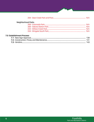 Foothills
Park and Recreation District
204 - Deer Creek Park and Pool................................................................................
Neighborhood Parks
308 - Coronado Park.....................................................................................................
309 - Dakota Station Park............................................................................................
333 - Willow Creek Park...............................................................................................
334 - Wingate South Park...........................................................................................
7.0 Establishment Process:
7.1 - New Sign Approval.......................................................................................................................................
7.2 - Construction, Prices, and Maintenance................................................................................................
7.3 - Vendors.............................................................................................................................................................
N/A
N/A
N/A
N/A
N/A
139
141
143
5
 