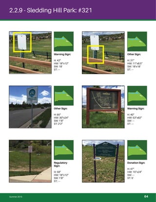 2.2.9 - Sledding Hill Park: #321
Warning Sign:
H: 42”
HW: 18”x12”
SW: 18’
ST: ---
Other Sign:
H: 31”
HW: 11”x8.5”
SW: 18’x18’
ST: ---
Other Sign:
H: 65”
HW: 30”x24”
SW: 1’8”
ST: 2’2”
Warning Sign:
H: 40”
HW: 53”x82”
SW: ---
ST: ---
Regulatory
Sign:
H: 59”
HW: 18”x12”
SW: 1’8”
ST: ---
Donation Sign:
H: 47”
HW: 15”x24”
SW: ---
ST: 5’
Summer 2015 64
 