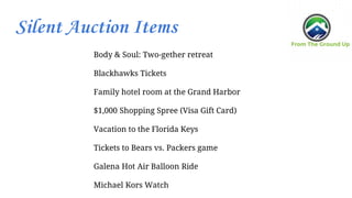 Silent Auction Items
Body & Soul: Two-gether retreat
Blackhawks Tickets
Family hotel room at the Grand Harbor
$1,000 Shopping Spree (Visa Gift Card)
Vacation to the Florida Keys
Tickets to Bears vs. Packers game
Galena Hot Air Balloon Ride
Michael Kors Watch
 