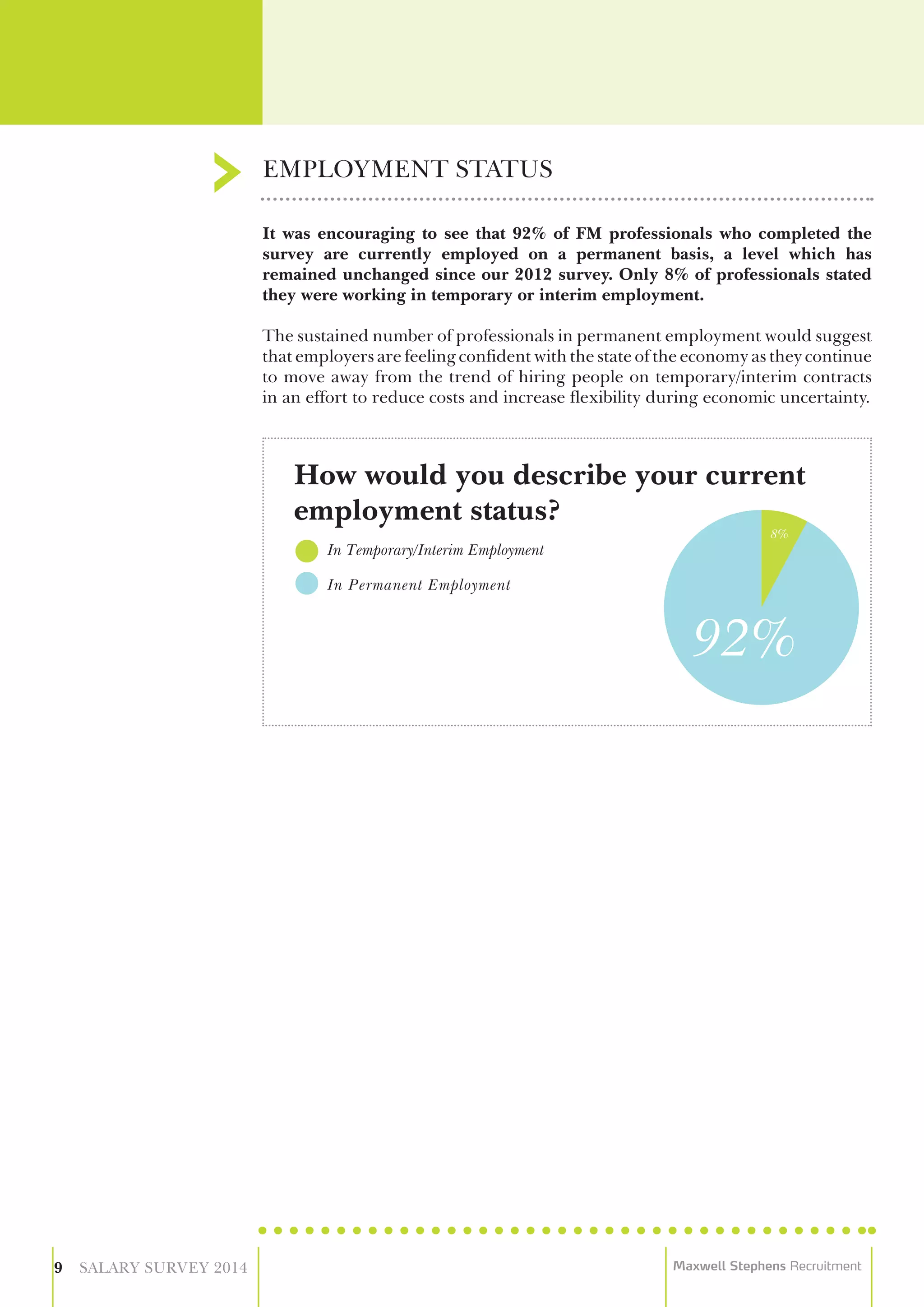 It was encouraging to see that 92% of FM professionals who completed the
survey are currently employed on a permanent basis, a level which has
remained unchanged since our 2012 survey. Only 8% of professionals stated
they were working in temporary or interim employment.
The sustained number of professionals in permanent employment would suggest
that employers are feeling confident with the state of the economy as they continue
to move away from the trend of hiring people on temporary/interim contracts
in an effort to reduce costs and increase flexibility during economic uncertainty.
EMPLOYMENT STATUS
9 SALARY SURVEY 2014 Maxwell Stephens Recruitment
In Temporary/Interim Employment
In Permanent Employment
How would you describe your current
employment status?
 