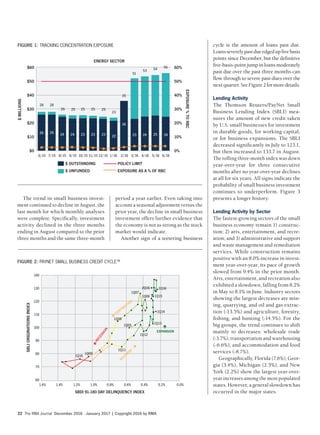The RMA Journal December 2016 · January 2017 | Copyright 2016 by RMA22
period a year earlier. Even taking into
account a seasonal adjustment versus the
prior year, the decline in small business
investment offers further evidence that
the economy is not as strong as the stock
market would indicate.
Another sign of a teetering business
The trend in small business invest-
ment continued to decline in August, the
last month for which monthly analyses
were complete. Specifically, investment
activity declined in the three months
ending in August compared to the prior
three months and the same three-month
cycle is the amount of loans past due.
Loansseverelypastdueedgedupfivebasis
points since December, but the definitive
five-basis-point jump in loans moderately
past due over the past three months can
flow through to severe past-dues over the
nextquarter.SeeFigure2formoredetails.
Lending Activity
The Thomson Reuters/PayNet Small
Business Lending Index (SBLI) mea-
sures the amount of new credit taken
by U.S. small businesses for investment
in durable goods, for working capital,
or for business expansions. The SBLI
decreased significantly in July to 123.1,
but then increased to 133.7 in August.
The rolling three-month index was down
year-over-year for three consecutive
months after no year-over-year declines
at all for six years. All signs indicate the
probability of small business investment
continues to underperform. Figure 3
presents a longer history.
Lending Activity by Sector
The fastest-growing sectors of the small
business economy remain 1) construc-
tion; 2) arts, entertainment, and recre-
ation; and 3) administrative and support
and waste management and remediation
services. While construction remains
positive with an 8.0% increase in invest-
ment year-over-year, its pace of growth
slowed from 9.4% in the prior month.
Arts, entertainment, and recreation also
exhibited a slowdown, falling from 8.2%
in May to 8.1% in June. Industry sectors
showing the largest decreases are min-
ing, quarrying, and oil and gas extrac-
tion (-13.5%) and agriculture, forestry,
fishing, and hunting (-14.5%). For the
big groups, the trend continues to shift
mainly to decreases: wholesale trade
(-3.7%), transportation and warehousing
(-6.6%), and accommodation and food
services (-8.7%).
Geographically, Florida (7.6%), Geor-
gia (3.4%), Michigan (2.5%), and New
York (2.2%) show the largest year-over-
year increases among the most populated
states. However, a general slowdown has
occurred in the major states.
FIGURE 2: PAYNET SMALL BUSINESS CREDIT CYCLETM
SBLIORIGINATIONSINDEX
140
130
120
110
100
90
80
70
60
SBDI 91-180 DAY DELINQUENCY INDEX
1.6% 1.4% 1.2% 1.0% 0.8% 0.6% 0.4% 0.2% 0.0%
1Q10
EXPANSION
1Q09
1Q11
1Q12
1Q05
1Q08
1Q13
1Q14
1Q07
1Q06 1Q15
1Q162Q16
RECOVERY
CONTRACTION
RECESSION







FIGURE 1: TRACKING CONCENTRATION EXPOSURE
$60
$50
$40
$30
$20
$10
$0
ENERGY SECTOR
$MILLIONS
60%
50%
40%
30%
20%
10%
0%
EXPOSURE%TORBC
6/15 7/15 8/15 9/15 10/15 11/15 12/15 1/16 2/16 3/16 4/16 5/16 6/16
28 28
26 25 25 25 25
23
35
51
53 54 56
26 26 24 24 2423 23 23 2322 25
36
$ OUTSTANDING
$ UNFUNDED
POLICY LIMIT
EXPOSURE AS A % OF RBC
24
 