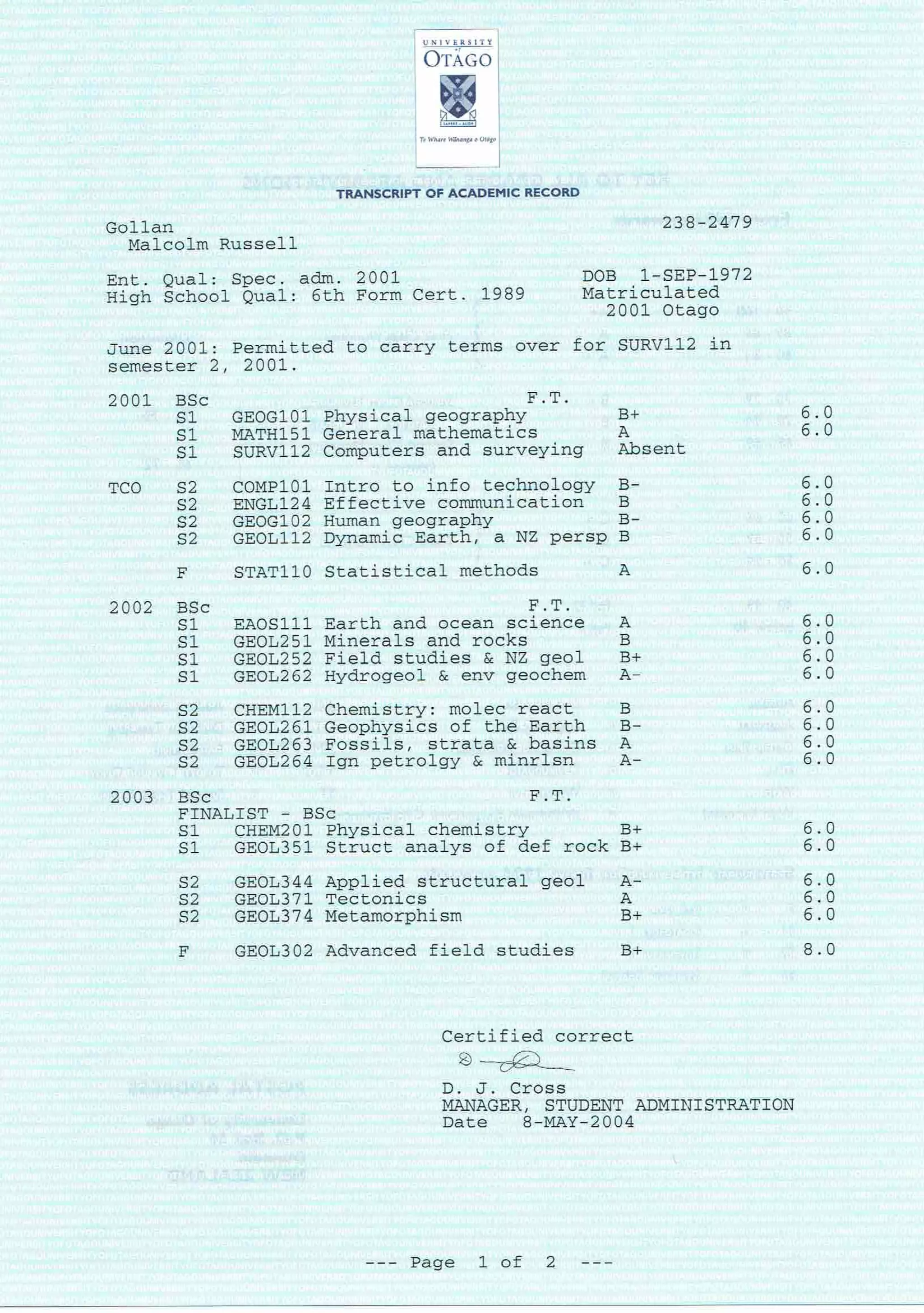 University of Otago - Academic Transcript.PDF