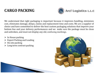 CARGO PACKING
We understand that right packaging is important because it improves handling, minimizes
cost, eliminates damage, delays, claims and replacement time and costs. We are a supplier of
choice and have committed to deliver the best custom packaging solutions that improve your
bottom line and your delivery performances and we make sure the package must be clean
and unbroken, and must not display any old, confusing markings.
In House packing
Export Packing and Loading
On-site packing
Long term contract packing
 