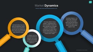 19
DETERMINING CHALLENGES
Market Dynamics
Source: http://www.thehindubusinessline.com/
India has lost about 10 per cent
share of the global BPO market in
the last five years to destinations
such as China, the Philippines and
Brazil, raising concerns for the $20-
billion Indian BPO industry.
“According to Nasscom, in the
last five years, India has lost
about 10 per cent market
share to the rest of the world in
the world BPO space, most of
which is in the voice contract
segment,” it said.
The Survey, tabled by Finance
Minister P. Chidambaram said: In
terms of competition, though China
faces challenges such as language
proficiency, it is making large
investments in the mission mode to
increase English proficiency. “Thus,
(China) may eventually emerge as
a threat to India,” it added.
The Philippines, which is the
second largest destination for
outsourcing, is also a serious
competitor having developed
both the hardware and software
segments of IT.
 