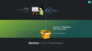 2
Section : The Presentation
About the “TalentHub
2.0” Presentation
Idea for process optimization.
01
Section :
What are the Goals
The main purpouse and
objectives..
Section
Number One
 