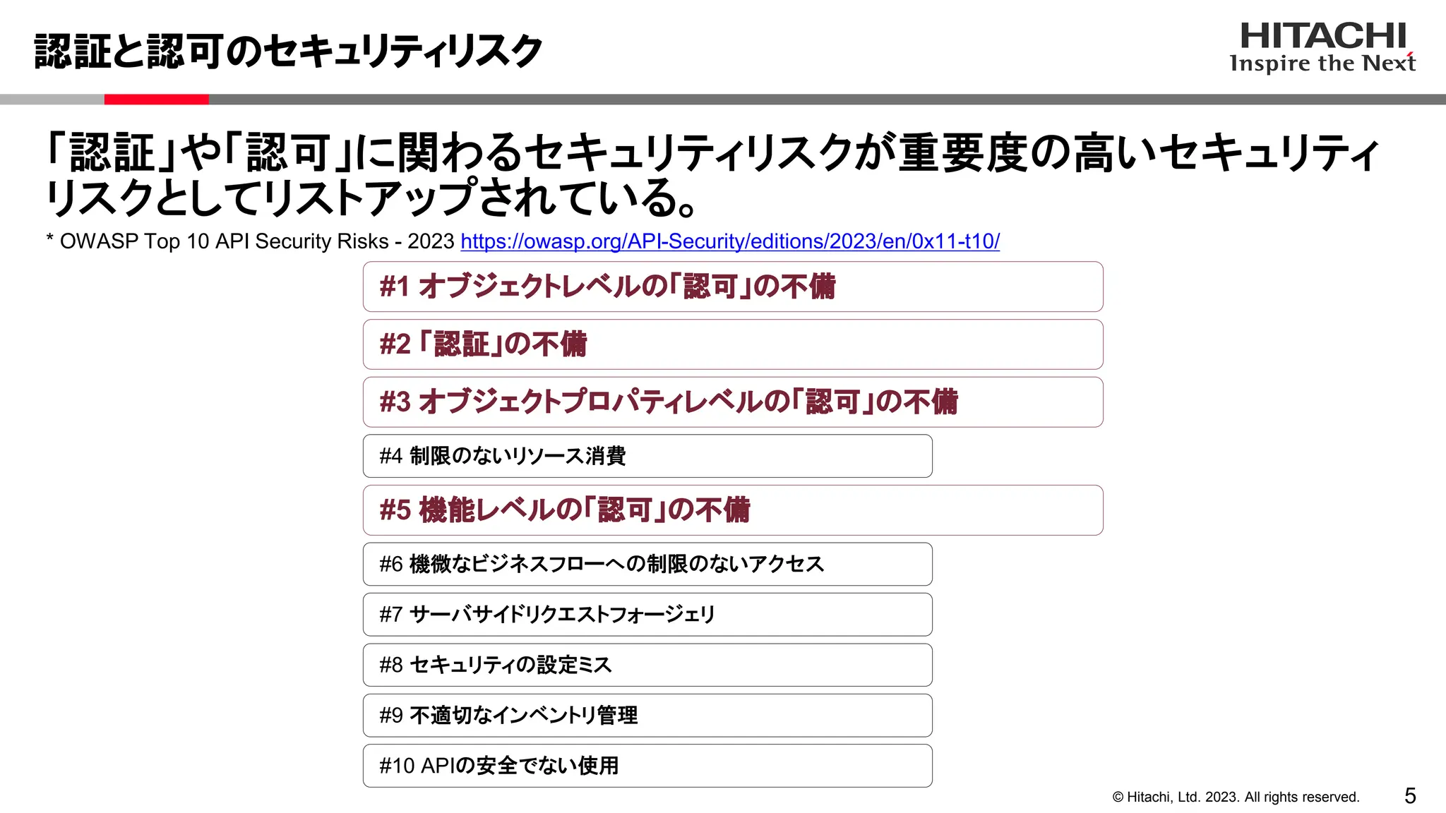 5
© Hitachi, Ltd. 2023. All rights reserved.
認証と認可のセキュリティリスク
「認証」や「認可」に関わるセキュリティリスクが重要度の高いセキュリティ
リスクとしてリストアップされている。
* OWASP Top 10 API Security Risks - 2023 https://owasp.org/API-Security/editions/2023/en/0x11-t10/
#1 オブジェクトレベルの「認可」の不備
#3 オブジェクトプロパティレベルの「認可」の不備
#5 機能レベルの「認可」の不備
#2 「認証」の不備
#6 機微なビジネスフローへの制限のないアクセス
#8 セキュリティの設定ミス
#4 制限のないリソース消費
#7 サーバサイドリクエストフォージェリ
#9 不適切なインベントリ管理
#10 APIの安全でない使用
 