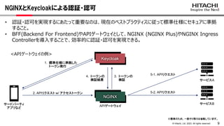 9
© Hitachi, Ltd. 2023. All rights reserved.
NGINXとKeycloakによる認証・認可
• 認証・認可を実現するにあたって重要なのは、現在のベストプラクティスに従って標準仕様にセキュアに準拠
すること。
• BFF(Backend For Frontend)やAPIゲートウェイとして、NGINX (NGINX Plus)やNGINX Ingress
Controllerを導入することで、効率的に認証・認可を実現できる。
Keycloak
2. APIリクエスト w/ アクセストークン
3. トークンの
検証
1. 標準仕様に準拠した
トークン発行
4. トークンの
検証結果
5-2. APIリクエスト
NGINX
APIゲートウェイ
<APIゲートウェイの例>
※簡単のため、一部やり取りは省略しています。
サービスB
サービスA
5-1. APIリクエスト
サードパーティ
アプリなど
 