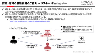 13
© Hitachi, Ltd. 2023. All rights reserved.
認証・認可の最新戦略のご紹介 ～パスキー (Passkeys)～
 パスキーとは、非対象鍵ペアを使った高いセキュリティを誇るFIDO認証をベースに、秘密鍵を同期することで
スケーラビリティの課題を解決した新しい認証技術。
 パスワード認証やOTP認証を代表とする従来の認証技術のフィッシング攻撃への脆弱性やパスワード管理
の煩雑さを解消する技術として注目を集めている。
 2022年の1年間に89%もの組織がフィッシング攻撃の被害にあった。
https://get.hypr.com/2022-state-of-passwordless-security
ユーザ
攻撃者が準備したサイト
正規のサイト
攻撃者
1. 攻撃者が準備した
サイトに誘導
2. 正規のサイトとそっくりなため
パスワードを入力してしまう
3. パスワードを取得
4. 正規サイトのログイン画面に
取得したパスワードを入力
<フィッシング攻撃の例>
 被害にあうかどうかはエンドユーザのリテラシーの
高さに委ねられる。
 OTP認証を第2要素として追加してもフィッシング攻
撃対策にはならない。
 