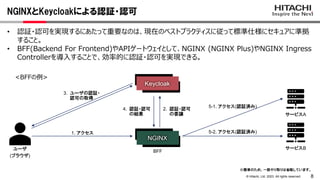 8
© Hitachi, Ltd. 2023. All rights reserved.
NGINXとKeycloakによる認証・認可
• 認証・認可を実現するにあたって重要なのは、現在のベストプラクティスに従って標準仕様にセキュアに準拠
すること。
• BFF(Backend For Frontend)やAPIゲートウェイとして、NGINX (NGINX Plus)やNGINX Ingress
Controllerを導入することで、効率的に認証・認可を実現できる。
ユーザ
(ブラウザ)
Keycloak
1. アクセス
2. 認証・認可
の委譲
3. ユーザの認証・
認可の取得
4. 認証・認可
の結果
5-2. アクセス(認証済み)
NGINX
BFF
<BFFの例>
※簡単のため、一部やり取りは省略しています。
サービスB
サービスA
5-1. アクセス(認証済み)
 