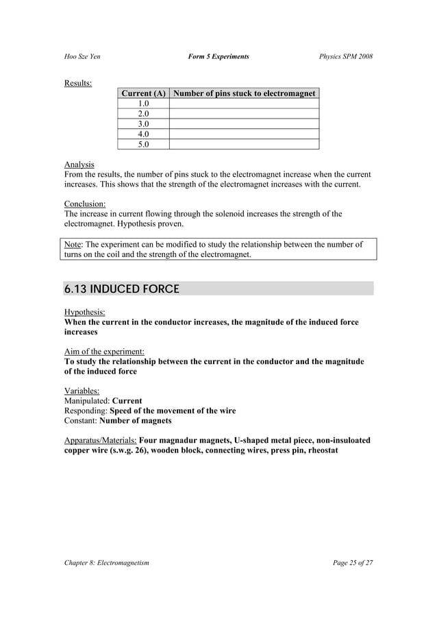 F5 Physics Experiment List