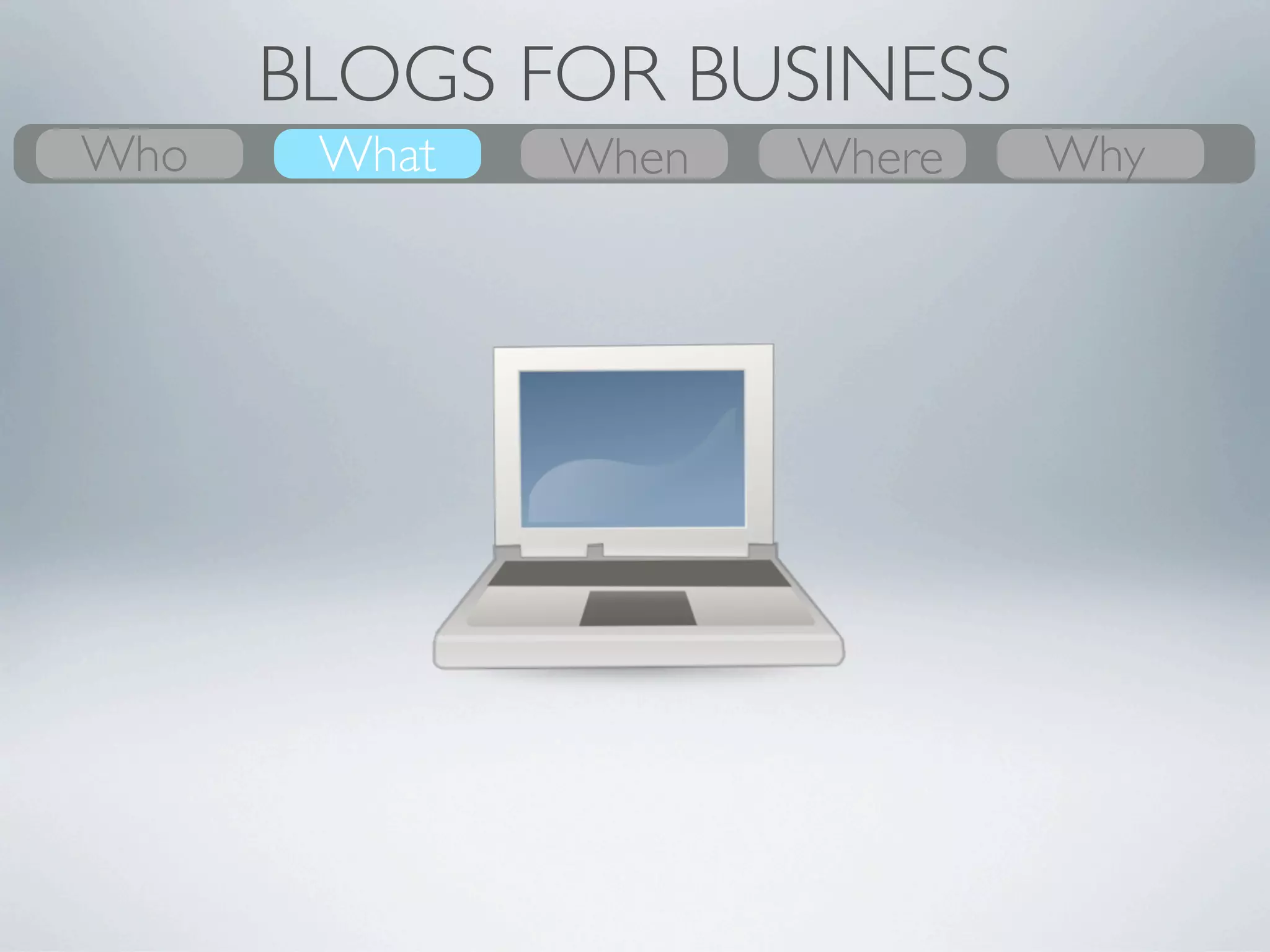 BLOGS FOR BUSINESS
Who
What    What
        Why    Where
               When    When
                       Where   Who
                               Why
 
