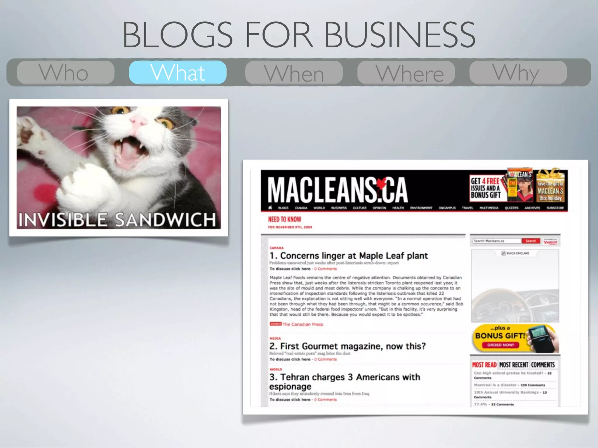 BLOGS FOR BUSINESS
Who
What    What
        Why    Where
               When    When
                       Where   Who
                               Why
 