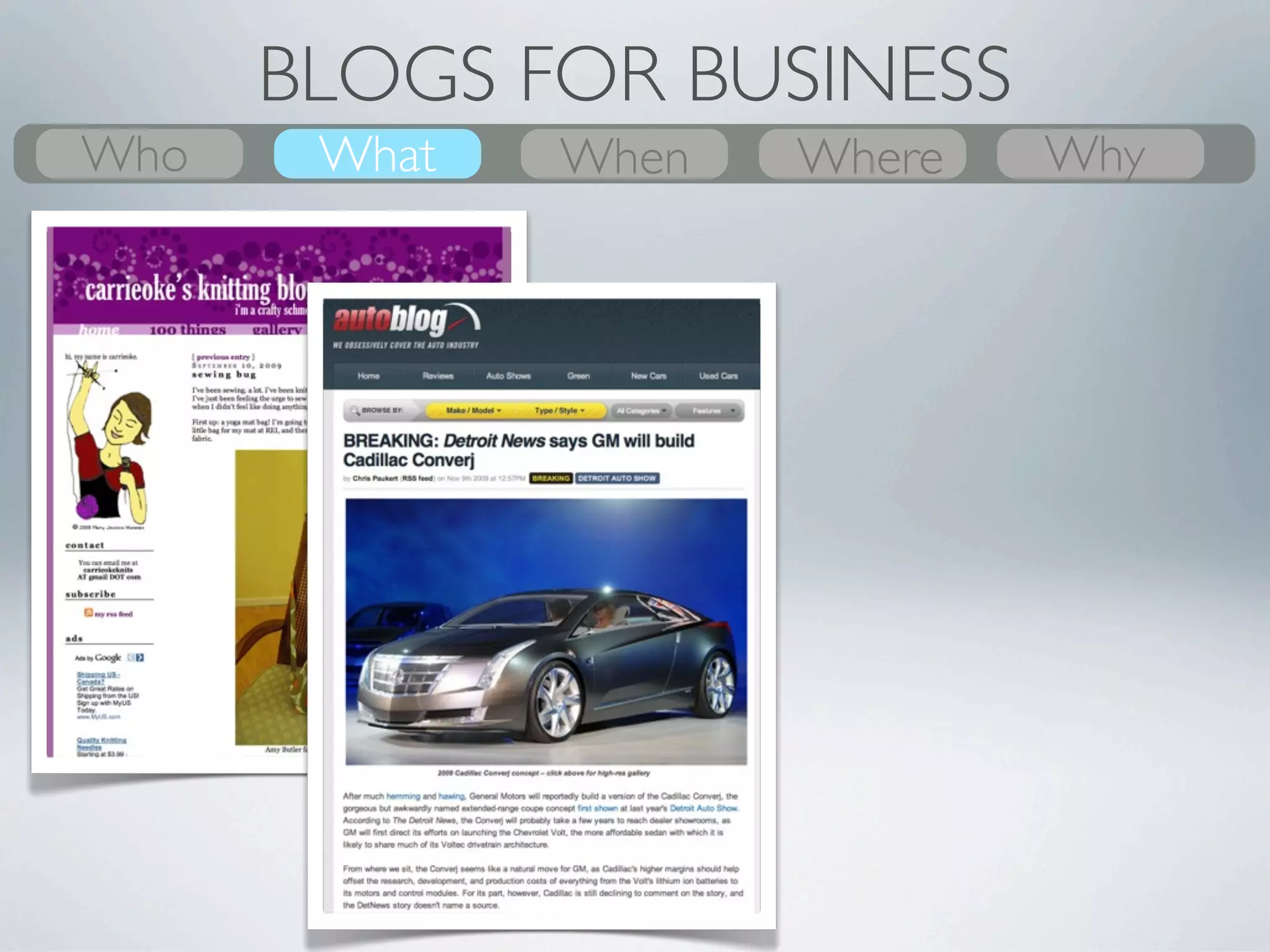 BLOGS FOR BUSINESS
Who
What    What
        Why    Where
               When     When
                        Where           Who
                                        Why
                       •Start anytime
 