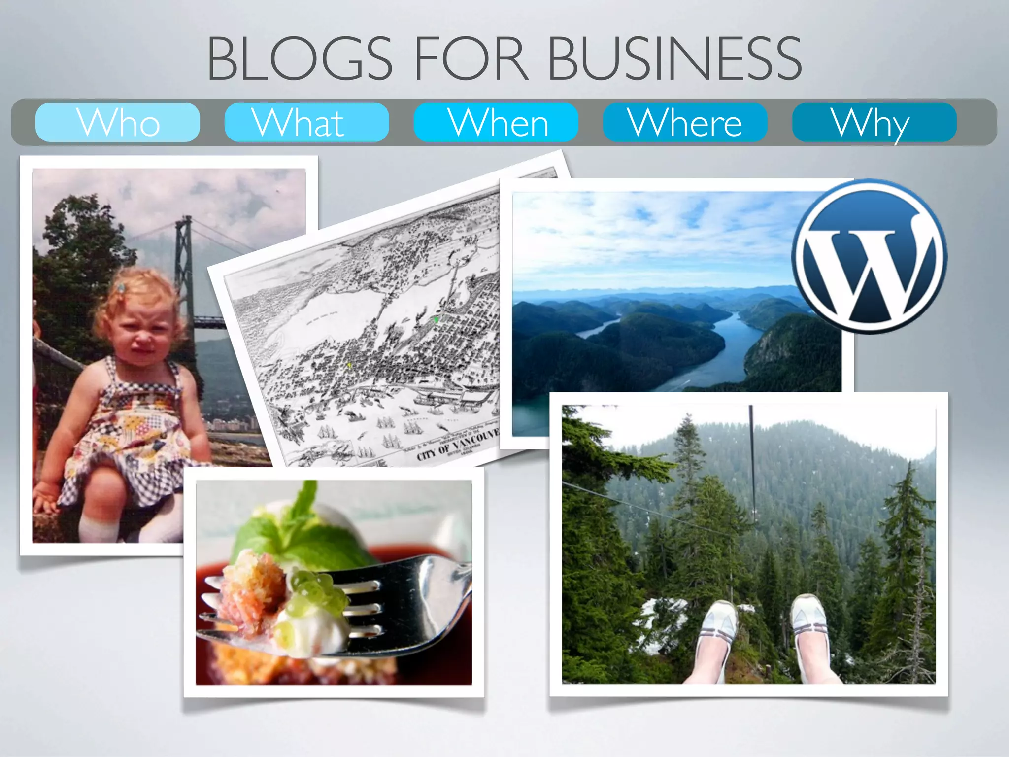 BLOGS FOR BUSINESS
Who
What
Who     What
        Why    Where
               When    Where
                       When
                       Where   Who
                               Why
                                Why
 