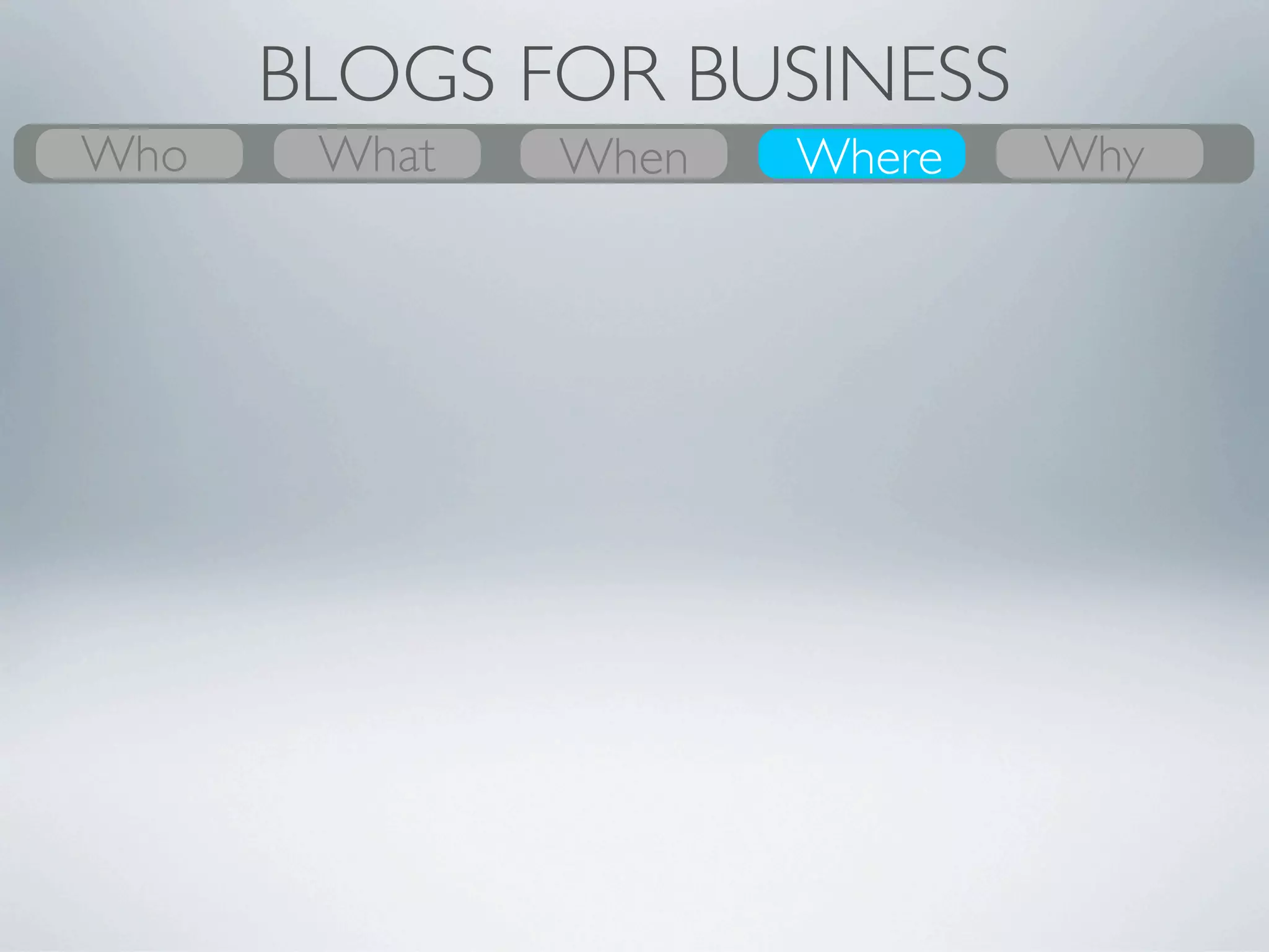 BLOGS FOR BUSINESS
Who
What    What
        Why    Where
               When    When
                       Where   Who
                               Why
 