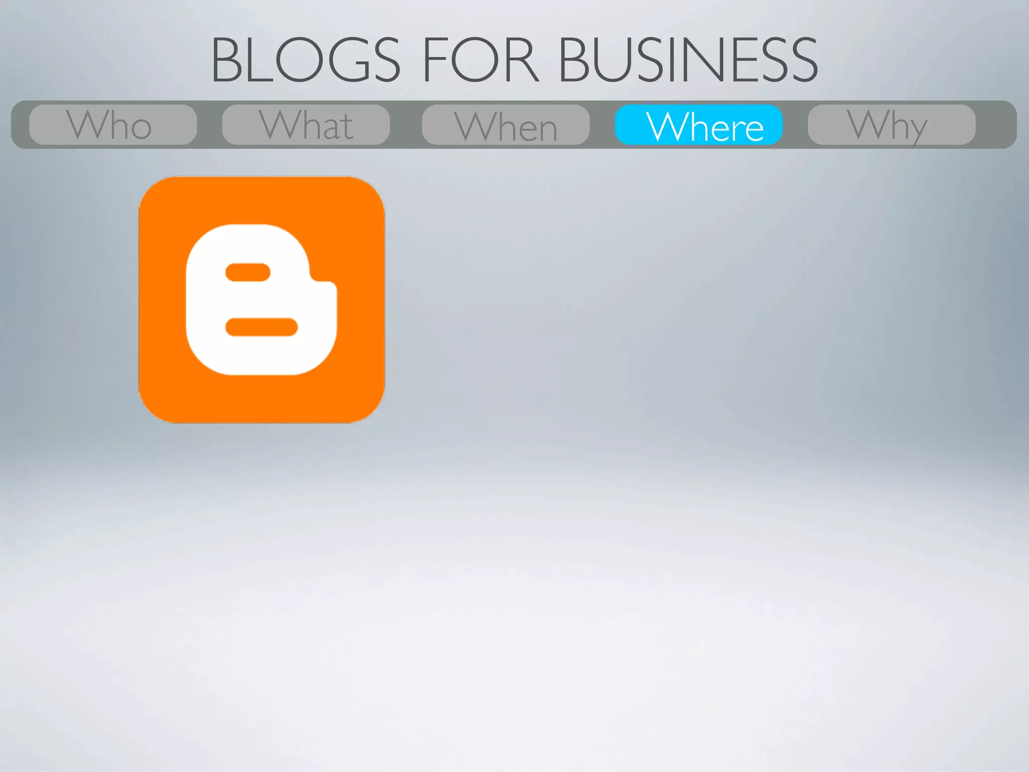 BLOGS FOR BUSINESS
Who
What    What
        Why     Where
                When       When
                           Where       Who
                                       Why

               •Free
               •Online-based
               •Owned by Google
               •http://YourSite.Blogspot.com

               •Free
               •Online-based
               •Powering 10 million + counting
               •http://YourSite.WordPress.com
 