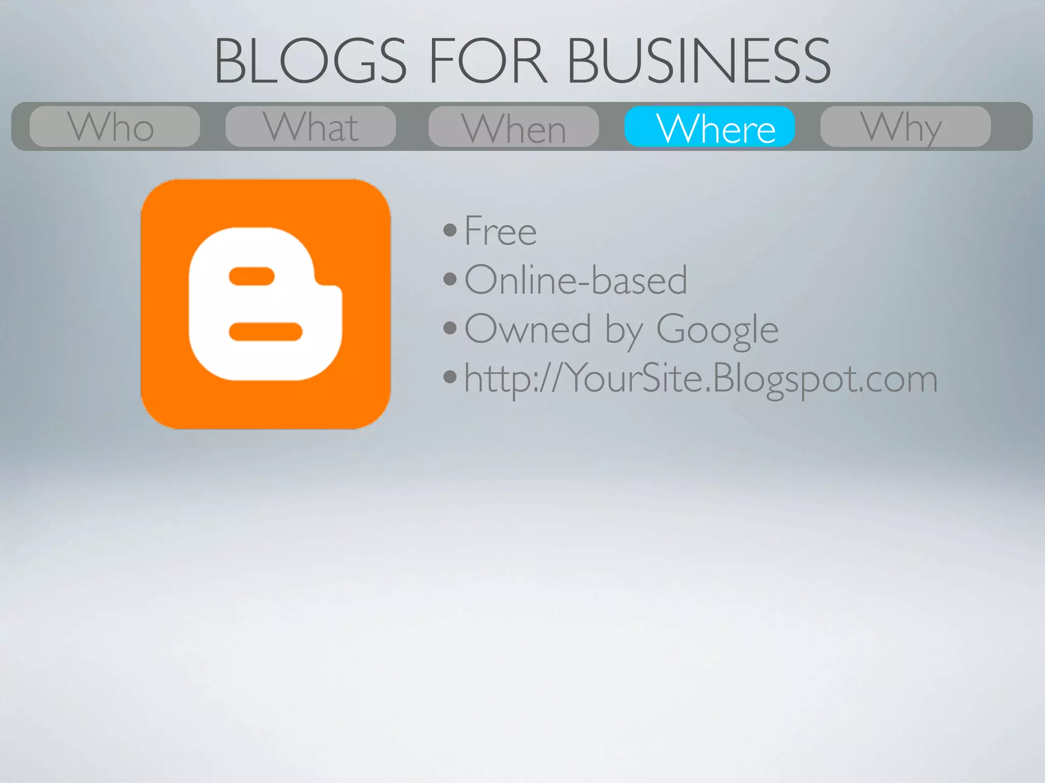 BLOGS FOR BUSINESS
Who
What    What
        Why     Where
                When       When
                           Where      Who
                                      Why

               •Free
               •Online-based
               •Powering 10 million + counting
               •http://YourSite.WordPress.com
 