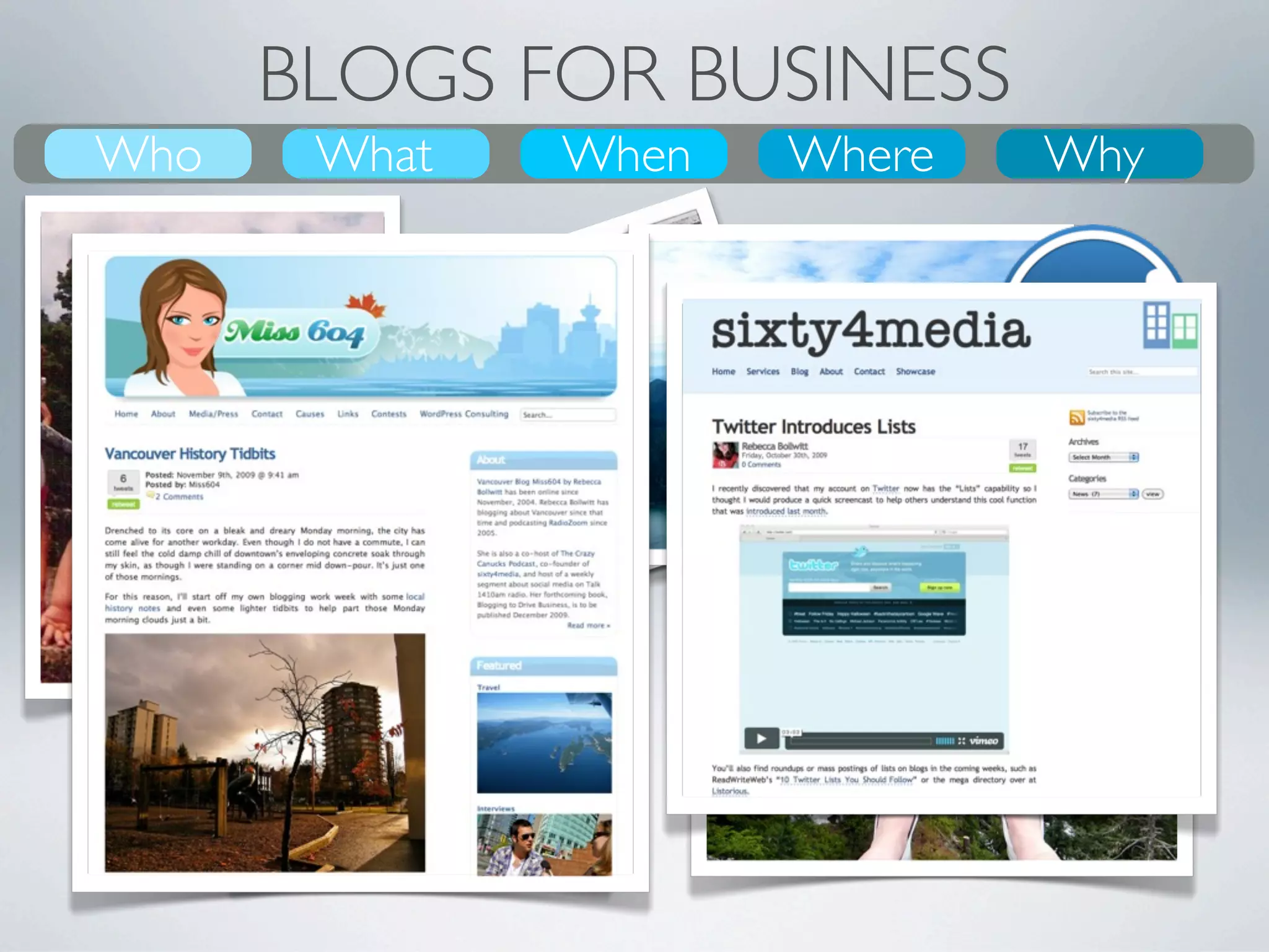 BLOGS FOR BUSINESS
Who
What
Who     What
        Why    Where
               When    Where
                       When
                       Where   Who
                               Why
                                Why
 