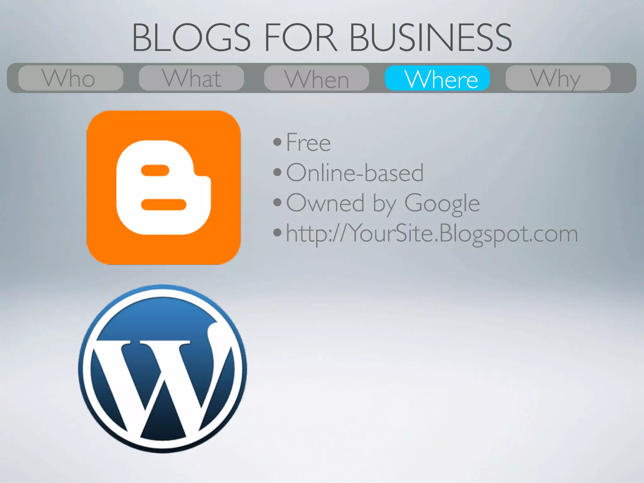 BLOGS FOR BUSINESS
Who
What        What
            Why          Where
                         When           When
                                        Where   Who
                                                Why

                        •Free
                        •Online-based
                        •Powering 10 million + counting
                        •http://YourSite.WordPress.com
WordPress.org
•80-90% of SEO is covered
•You control 100%
•Endless theme & design possibilities
•Plugins
•Advertising
 