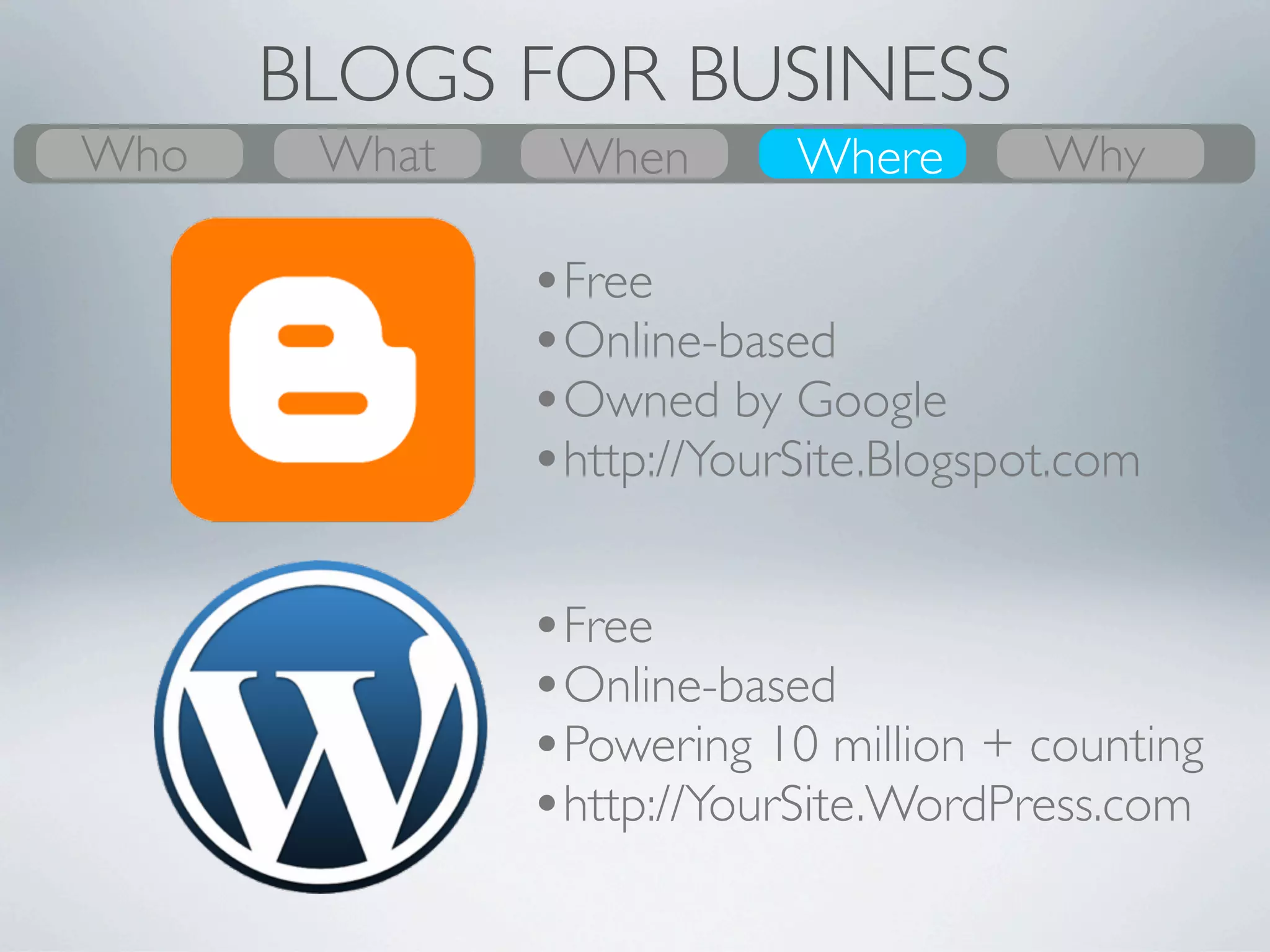 BLOGS FOR BUSINESS
Who
What
Who     What
        Why           Where
                      When           Where
                                     When
                                     Where             Who
                                                       Why
                                                        Why
       It's easy to see the associated risks of a life-logging
       device. From stalkers to identity theft, recording
       such information (and to unlock its true value,
       posting it online) makes us vulnerable to all
       manner of bad actors.
       But what about the cost of not sharing?
       In the online realm, that might mean you
       simply don't exist.

                                         Pete Cashmore of Mashable
                                                     on CNN.com
 