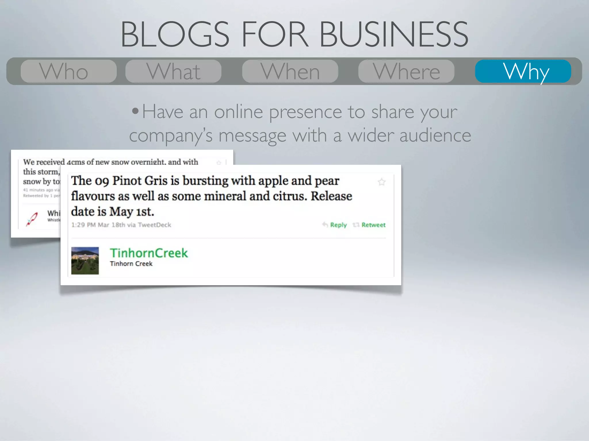 BLOGS FOR BUSINESS
Who
What
Who      What
         Why         Where
                     When         Where
                                  When
                                  Where         Who
                                                Why
                                                 Why
       •Use your online presence for customer service
       and support
 