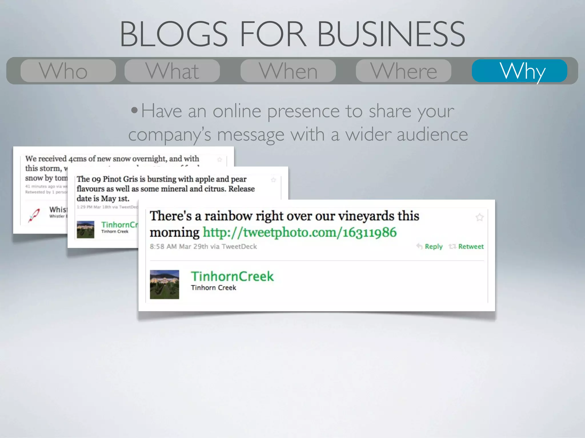 BLOGS FOR BUSINESS
Who
What
Who      What
         Why              Where
                          When      Where
                                    When
                                    Where       Who
                                                Why
                                                 Why
       •Your blog is your home base that can reach out
       across multiple networks




               Users: 300 million
 